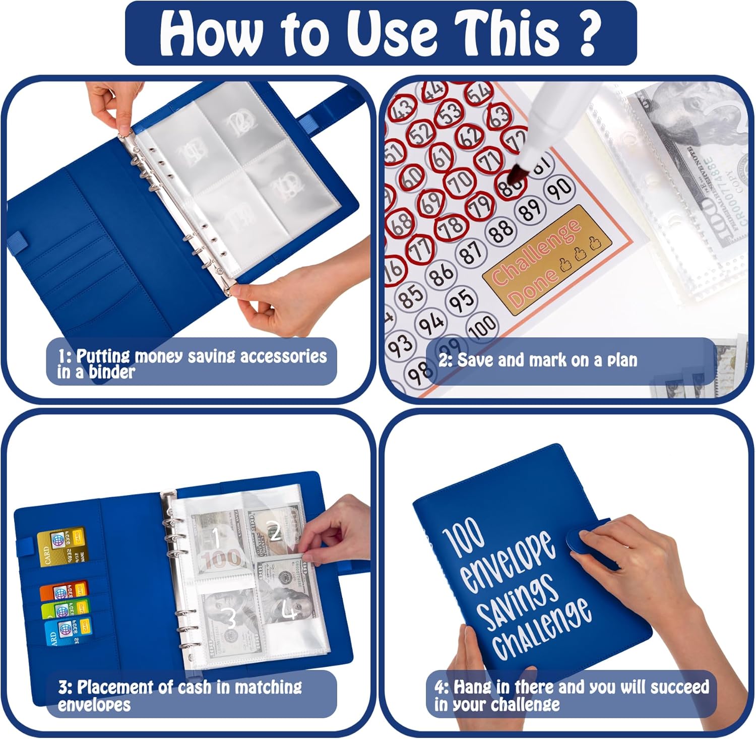 Carpeta de desafíos de ahorro de dinero con 100 sobres, carpeta de presupuesto A5 con sobres de efectivo, libro de desafíos de ahorro para ahorrar