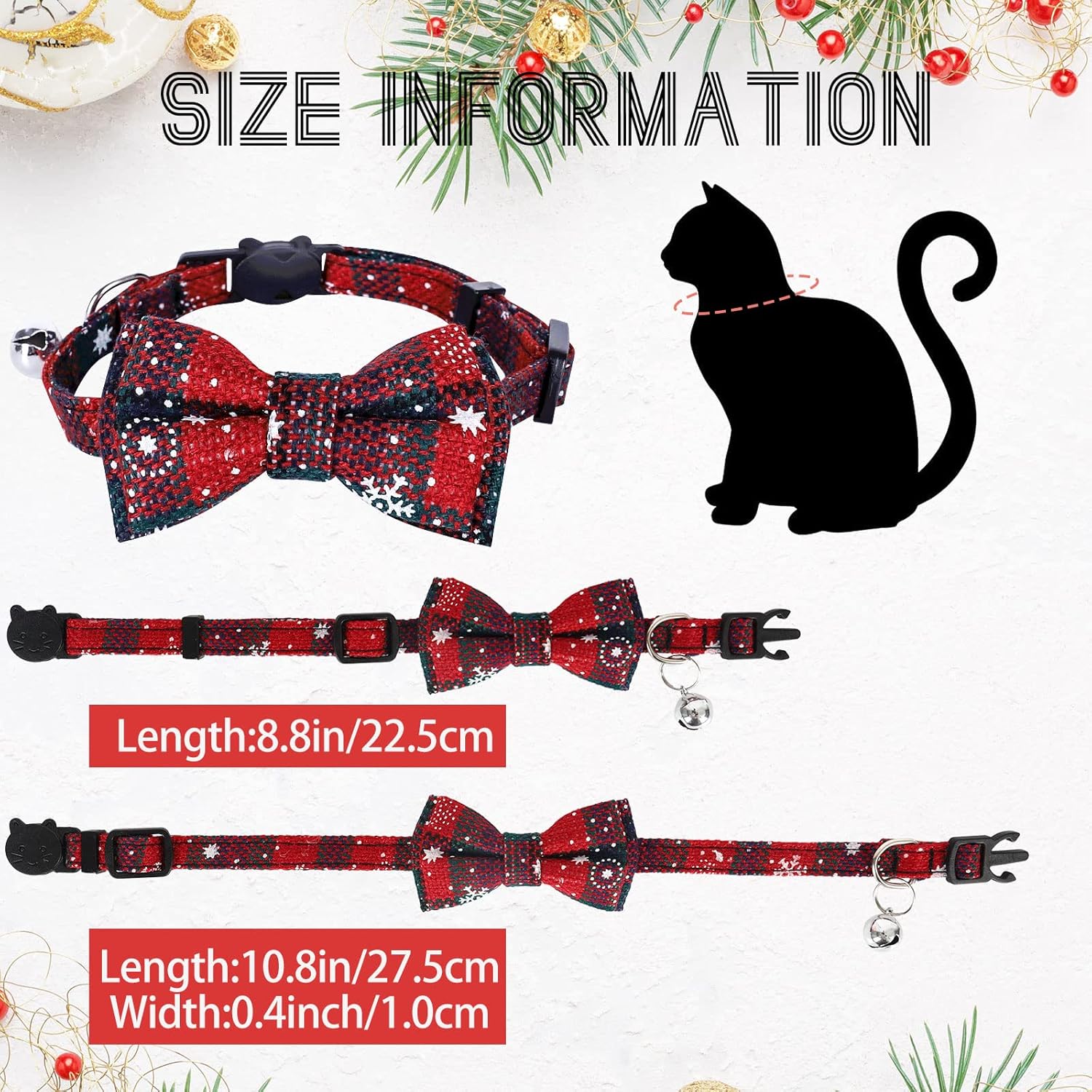 Whaline Paquete de 4 collares de Navidad para mascotas, collar clásico de búfalo a cuadros con lazo extraíble estampado de copo de nieve, collar de