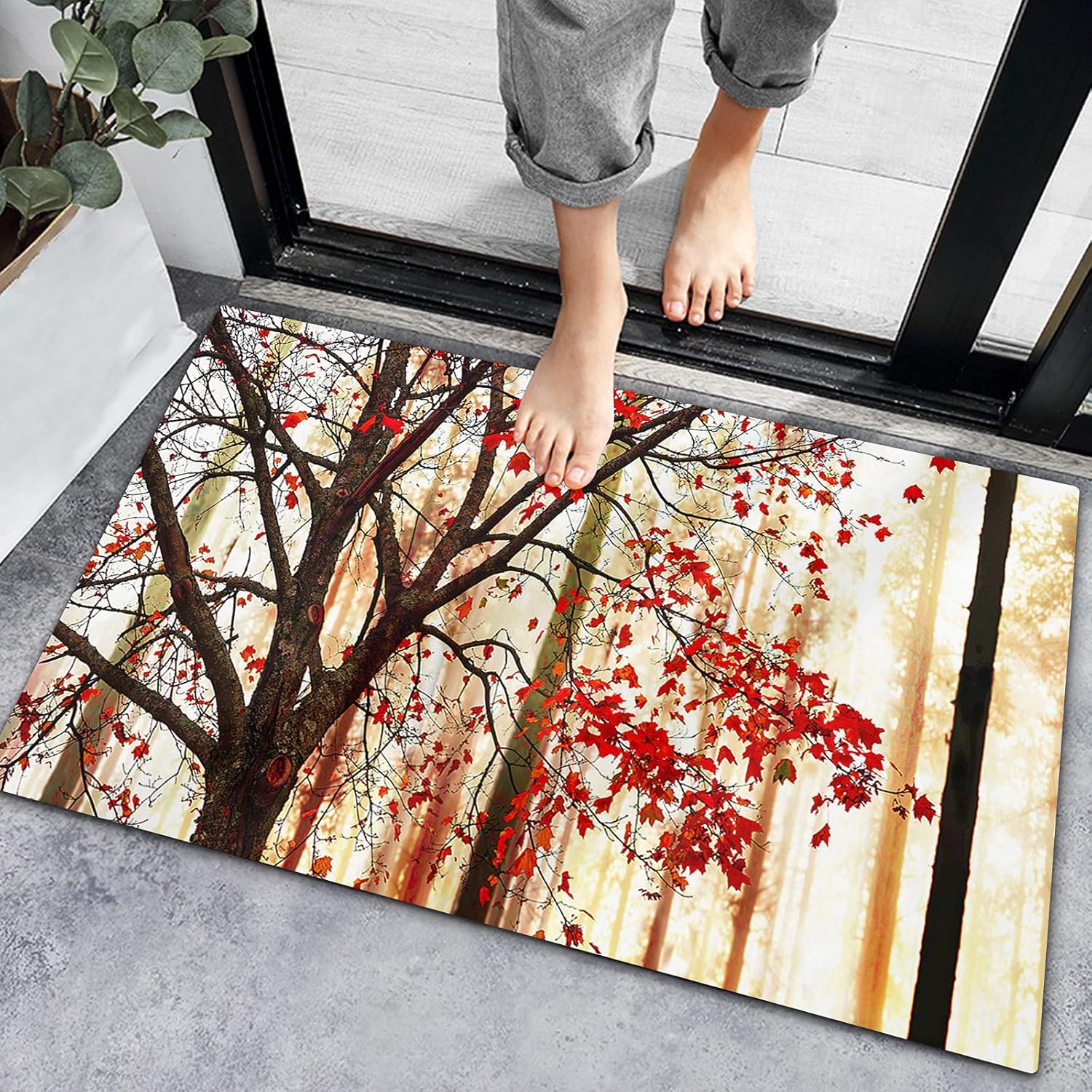 Alfombras de baño antideslizantes para puerta delantera, color rojo otoño, árbol de arce, alfombras de cocina, Acción de Gracias, hojas que caen,