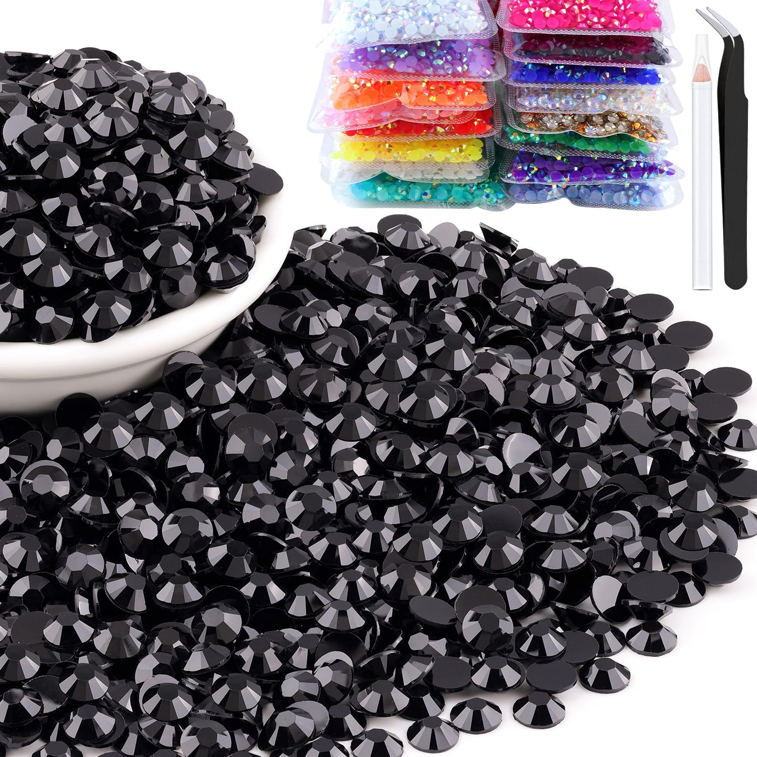 15000 diamantes de imitación de resina de 0.079 pulgadas a granel, diamantes de imitación de gelatina redondos negros con parte trasera plana, gemas