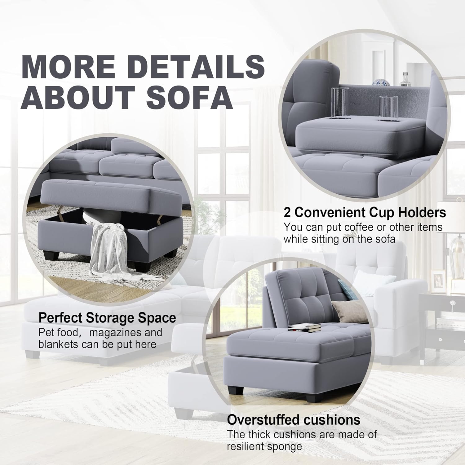 Sofá modular modular, muebles de sala de estar modernos con diván reversible, sofá tapizado de terciopelo en forma de L con otomana de