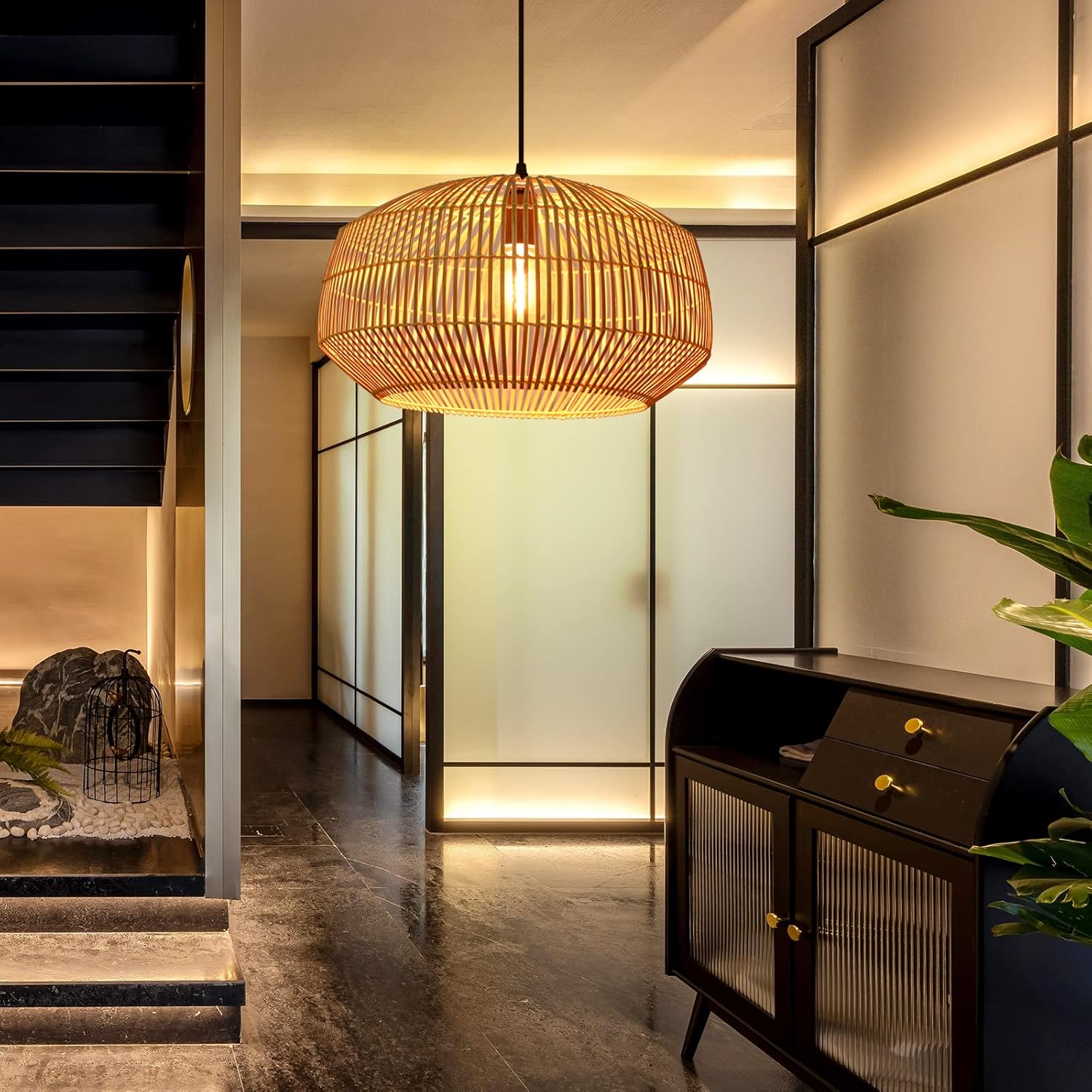 Arturesthome Luces colgantes de bambú, lámparas de araña de mimbre de ratán, lámpara colgante grande de tejido natural bohemio para fregadero de
