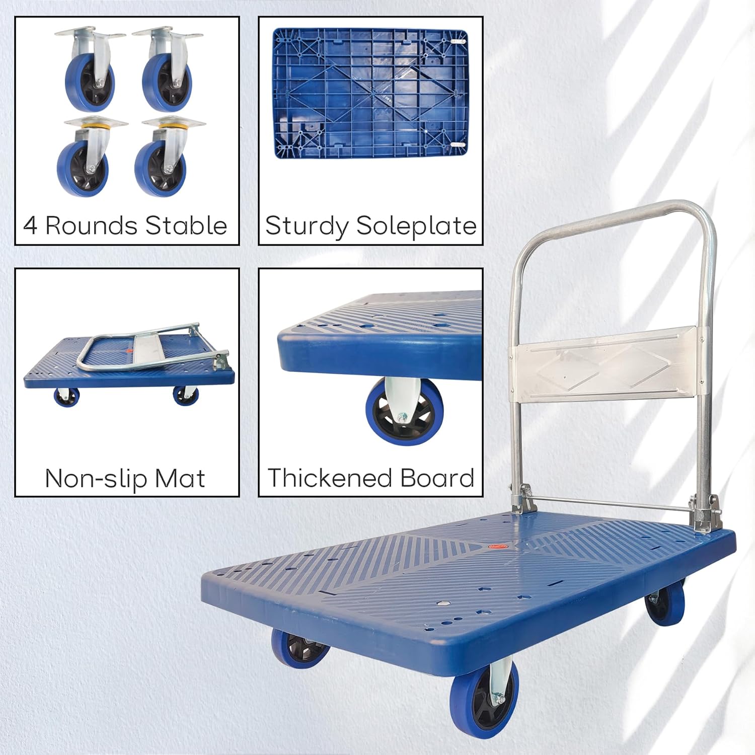 Carrito de cama plana, plataforma de alta capacidad de 660 libras, ruedas giratorias de 360 grados, carrito de mano plegable para carga y