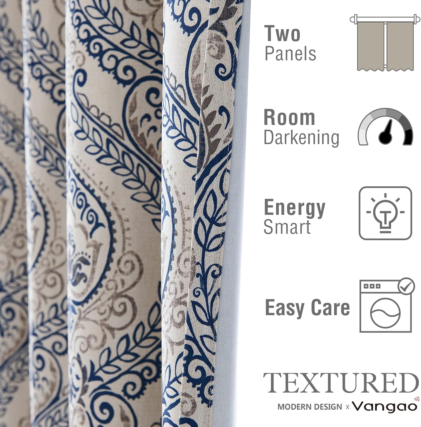 Vangao Cortinas de damasco de 63 pulgadas de largo, 2 paneles con estampado de medallón de cachemira para dormitorio, sala de estar, cortinas de