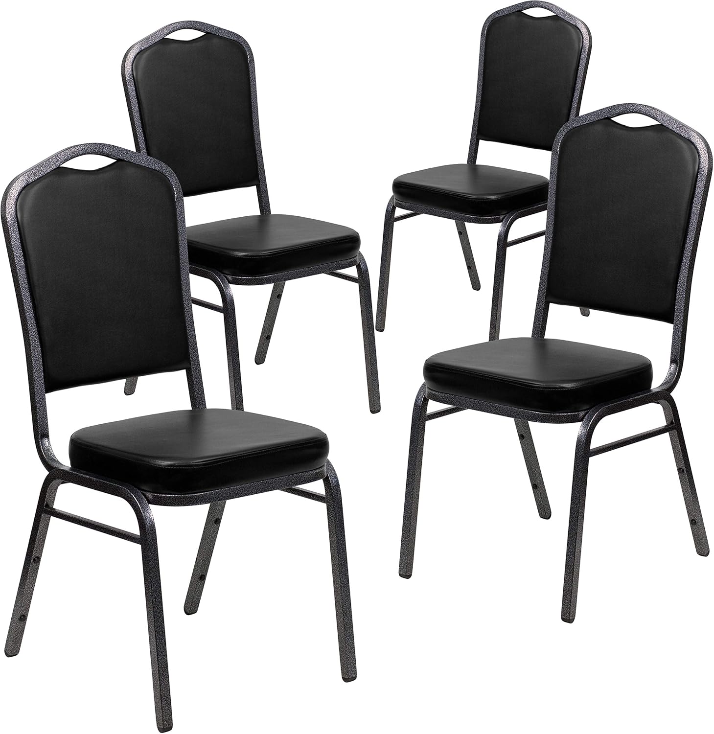 BizChair Paquete de 4 sillas apilables para banquetes con respaldo de corona en vinilo negro, marco de vena plateada