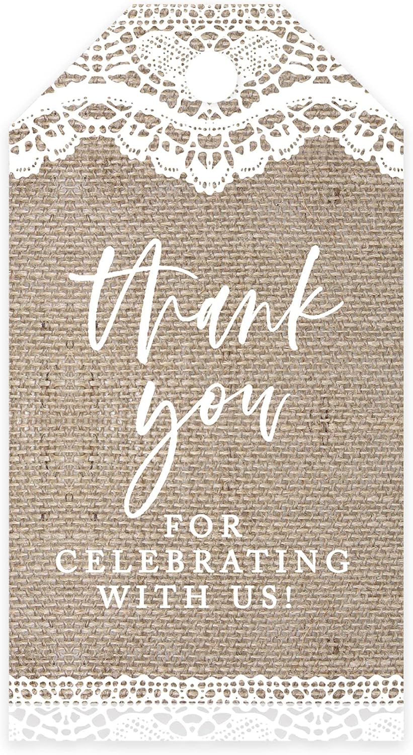 Andaz Press Paquete de 100 etiquetas de agradecimiento con texto en inglés “Thank You for Celebrating with Us”, etiquetas de regalo de cartulina de