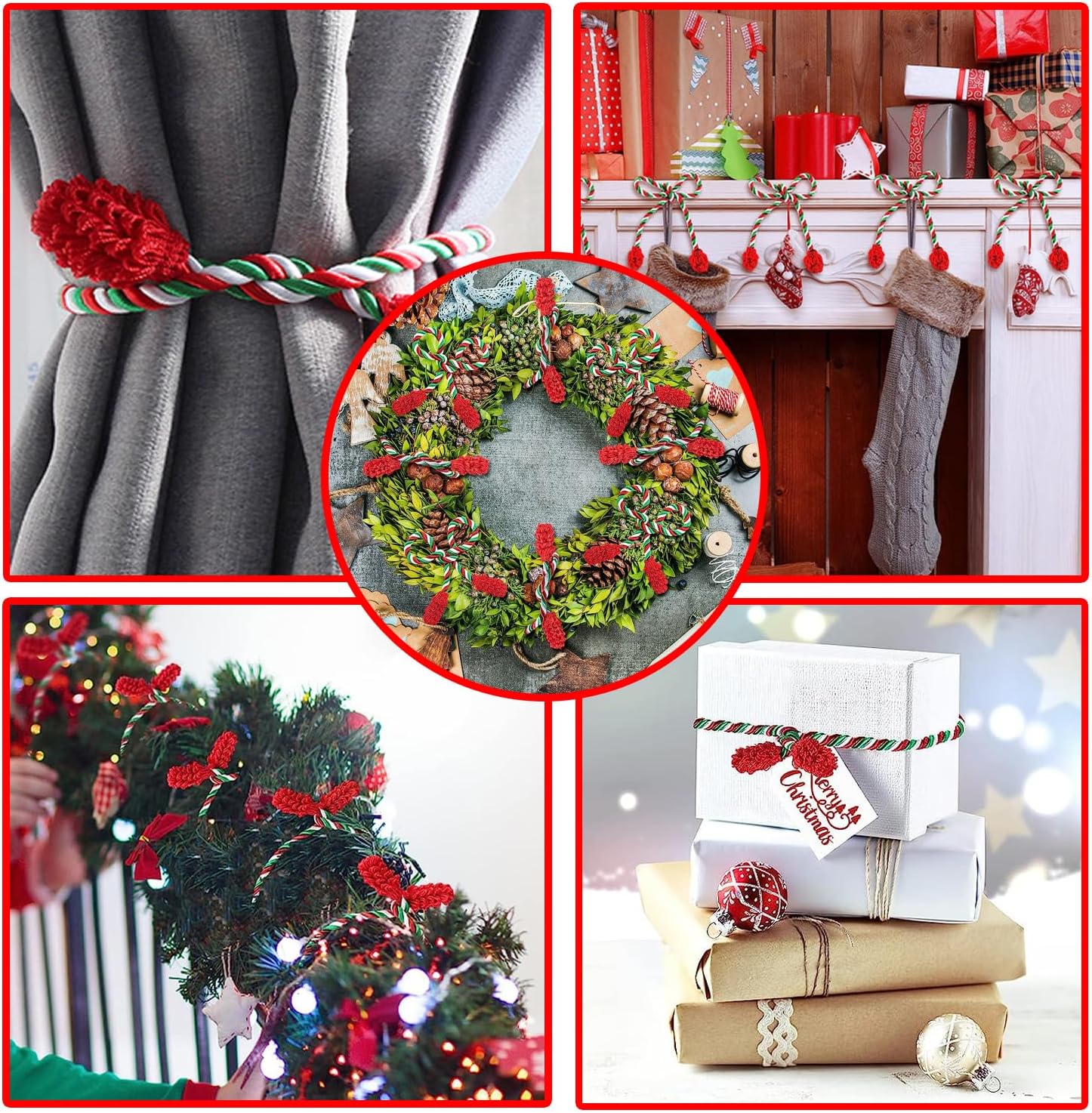 Corbatas decorativas flexibles, reutilizables y anudadas para envolver regalos de Navidad (15, verde, rojo y blanco)