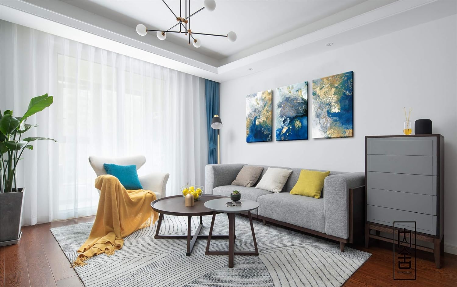 Lienzo abstracto del océano, cuadro azul, pintura dorada y verde azulado, obra de arte de ondas estrelladas, decoración de pared de 3 piezas para