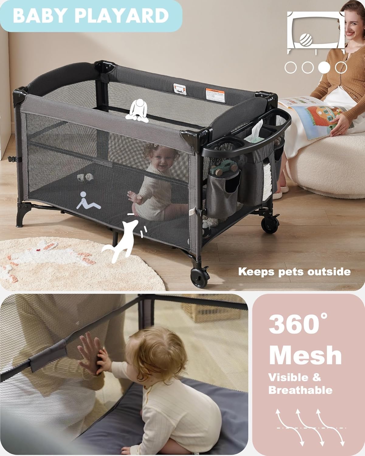 AirClub Moisés 4 en 1 para bebé, cuna para bebé, cama para cuna, patio de recreo, cambiador de pañales portátil, cuna para bebé recién nacido