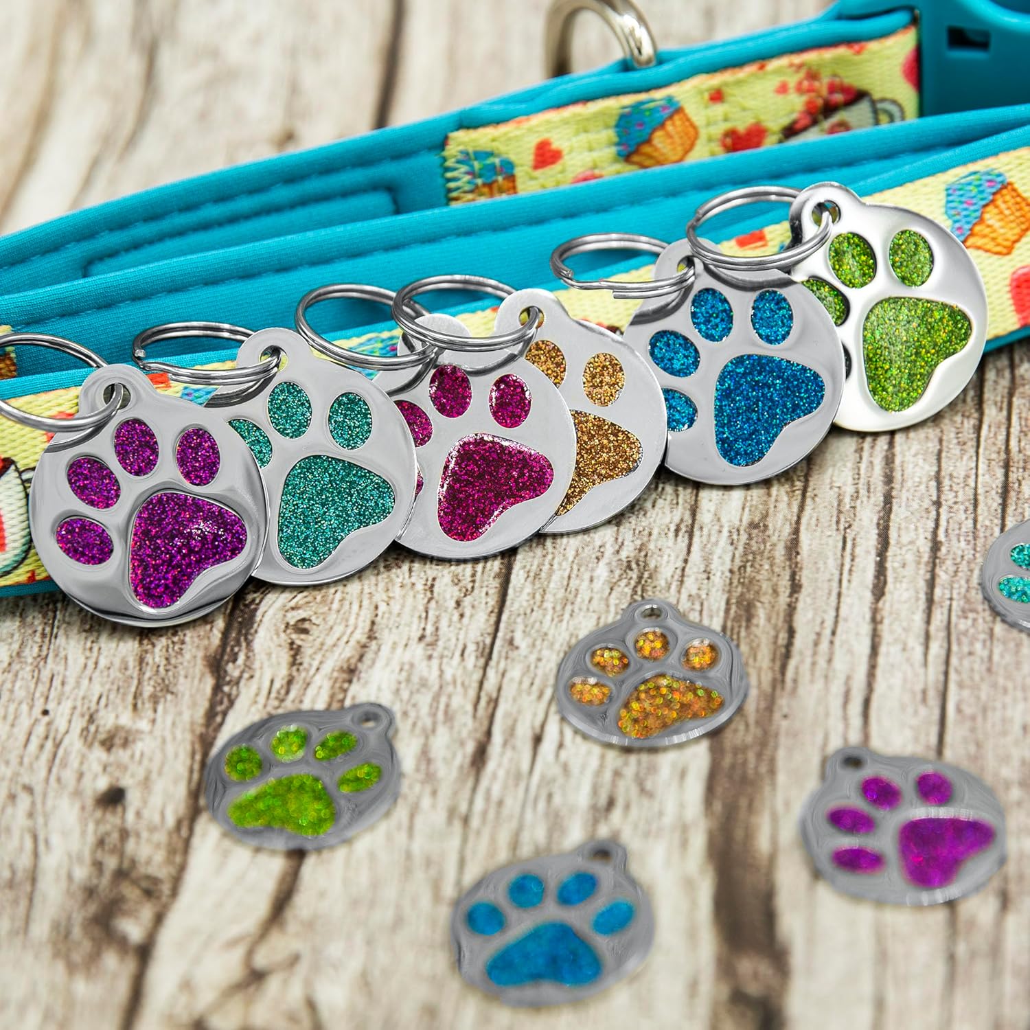 Etiqueta grabada para mascotas para perros y gatos, personalizada con 4 líneas de identificación grabada, huella de pata redonda, acero inoxidable