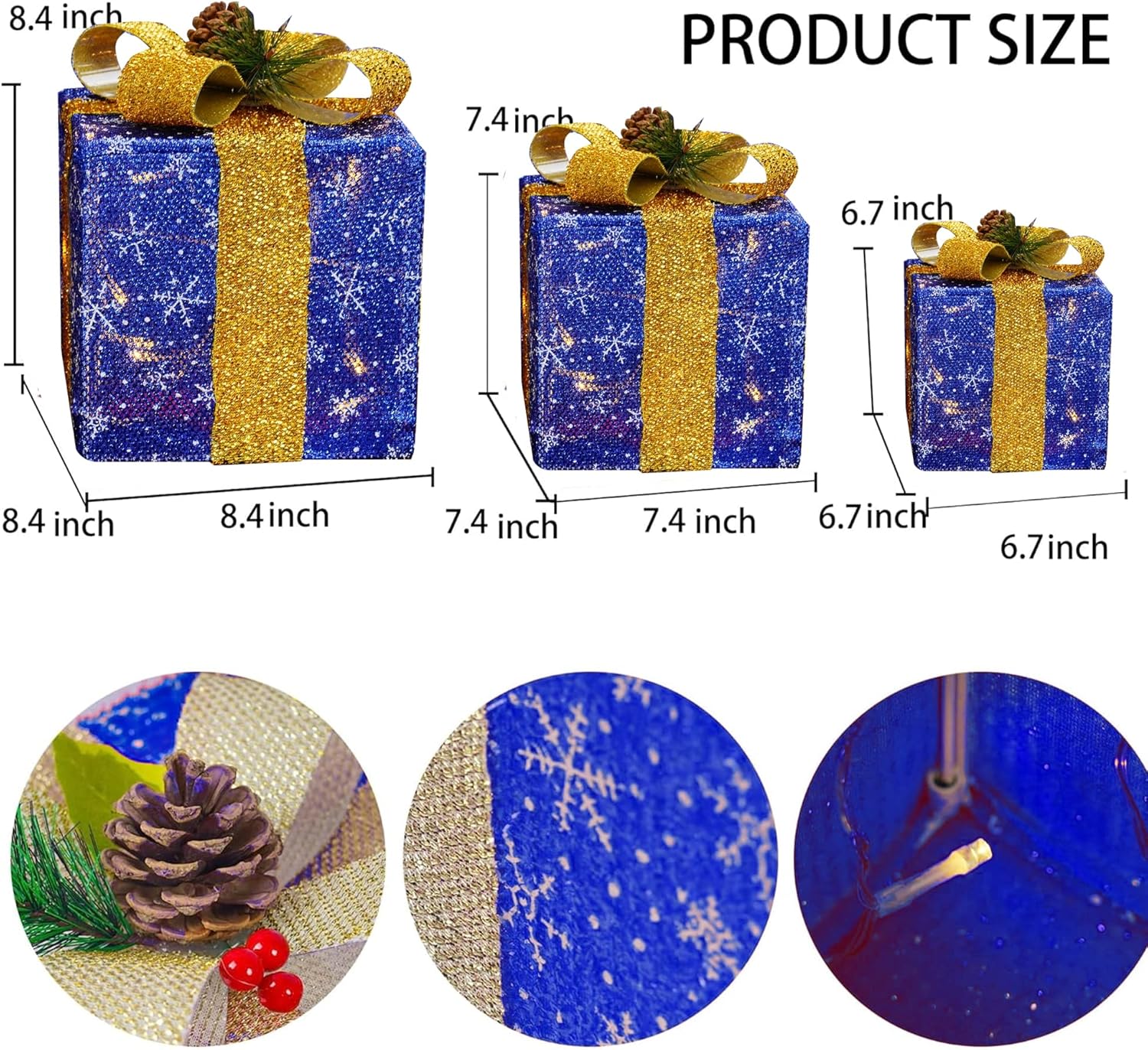 FUNPENY Set of 3 Christmas Lighted Gift Boxes, 50 LED Christmas Box Decorations, Presents Boxes with Ribbon Bows for Xmas Tree, Yard, Home, Indoor