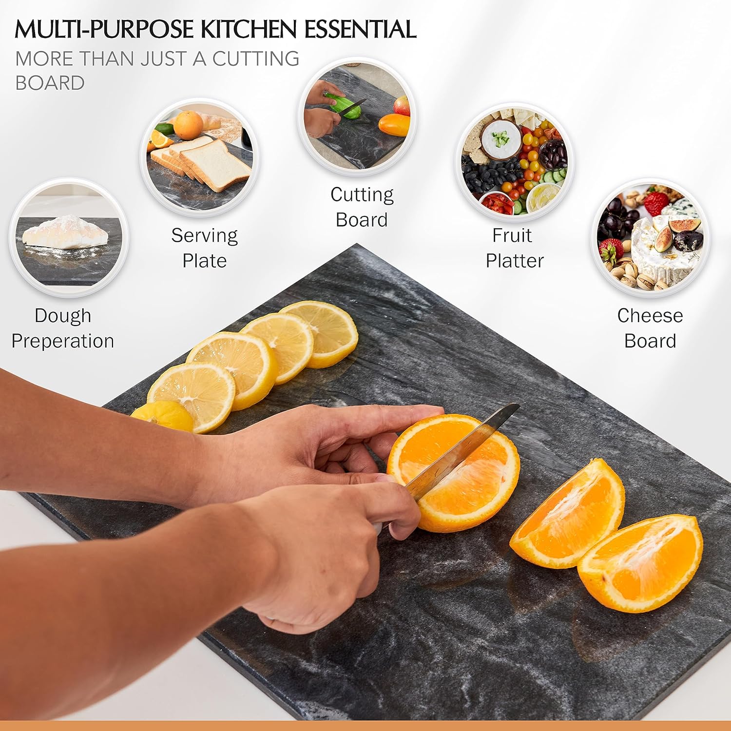 Tabla de cortar de piedra de mármol de cocina, tabla de cortar y embutidos de 16 x 12 x 0.6 pulgadas, bandeja de pastelería antideslizante