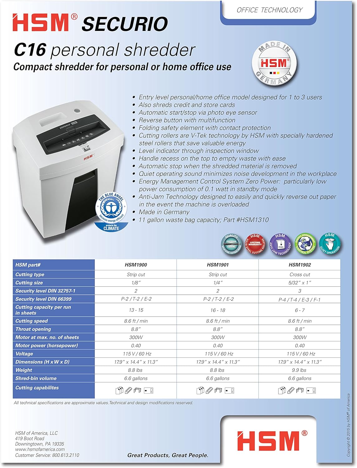 HSM SECURIO C16c, trituradora de 6-7 hojas, corte transversal, capacidad de 6.6 galones