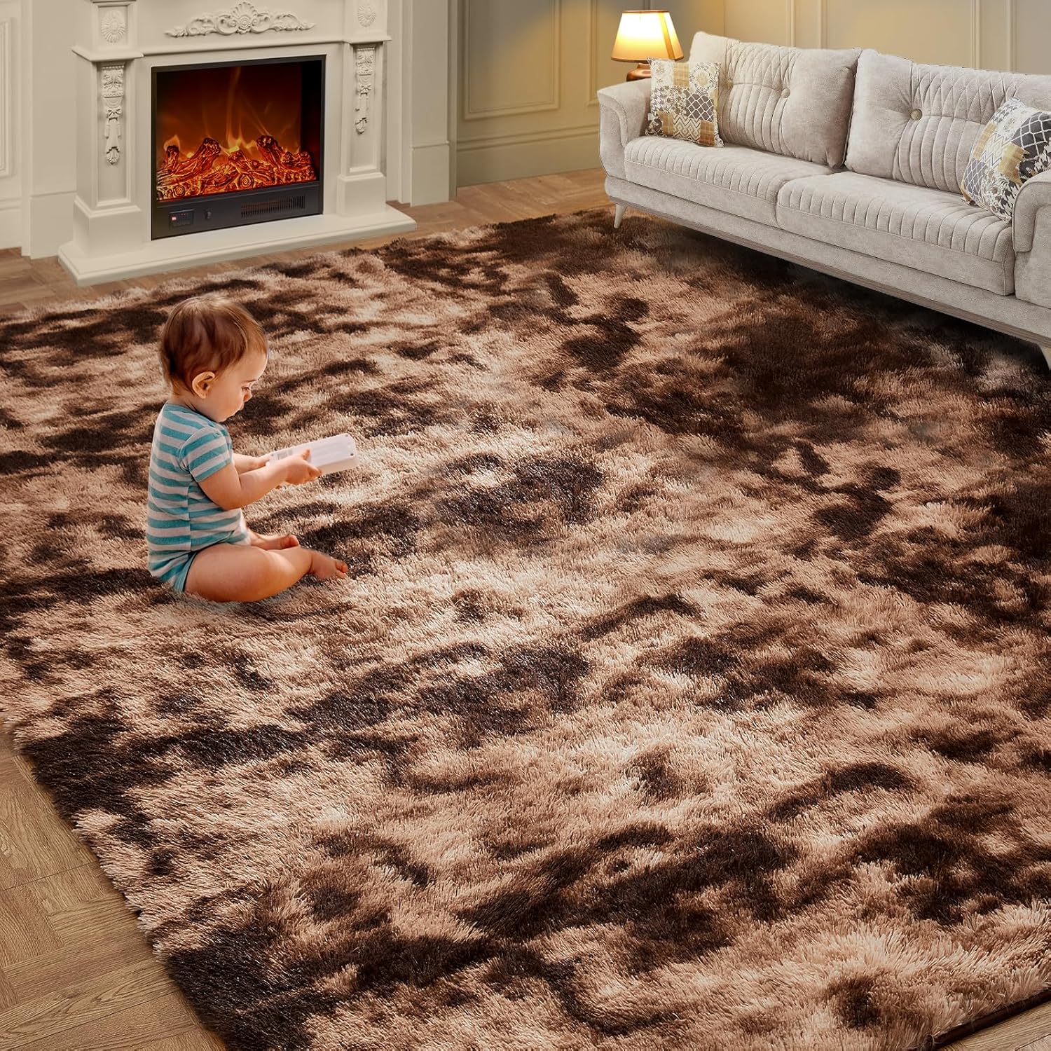 Alfombras mullidas de pelo largo para dormitorio, 5 x 7 pies, teñido anudado café, alfombra rectangular acogedora y antideslizante, alfombras de
