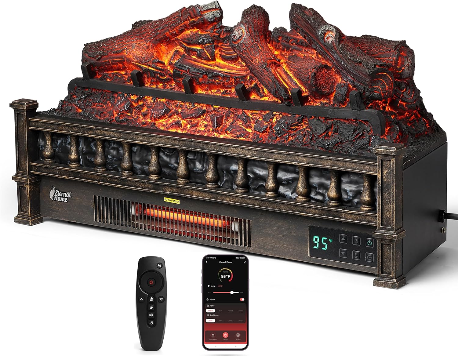 TURBRO Eternal Flame – Calentador eléctrico de cuarzo infrarrojo WiFi de 26 pulgadas con sonido crujiente, troncos de madera de limón realistas,