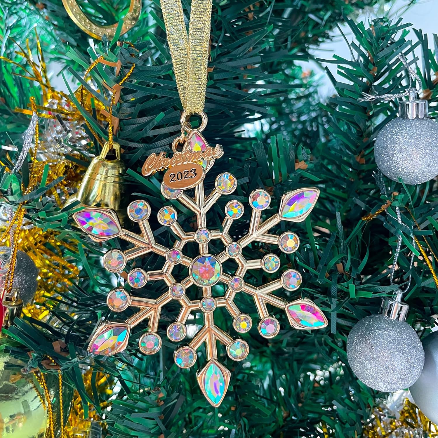 Venhoo Adornos navideños de copo de nieve 2023, diamantes de imitación metálicos colgantes con purpurina, copos de nieve, decoración de árbol de