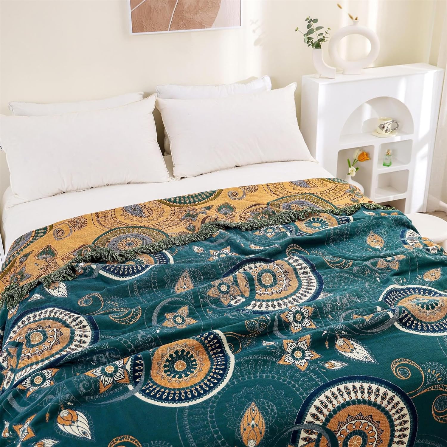 Manta bohemia para cama, 100 % algodón, edredón rústico ultra suave, decoración de granja, manta rústica para todas las estaciones para sofá, silla