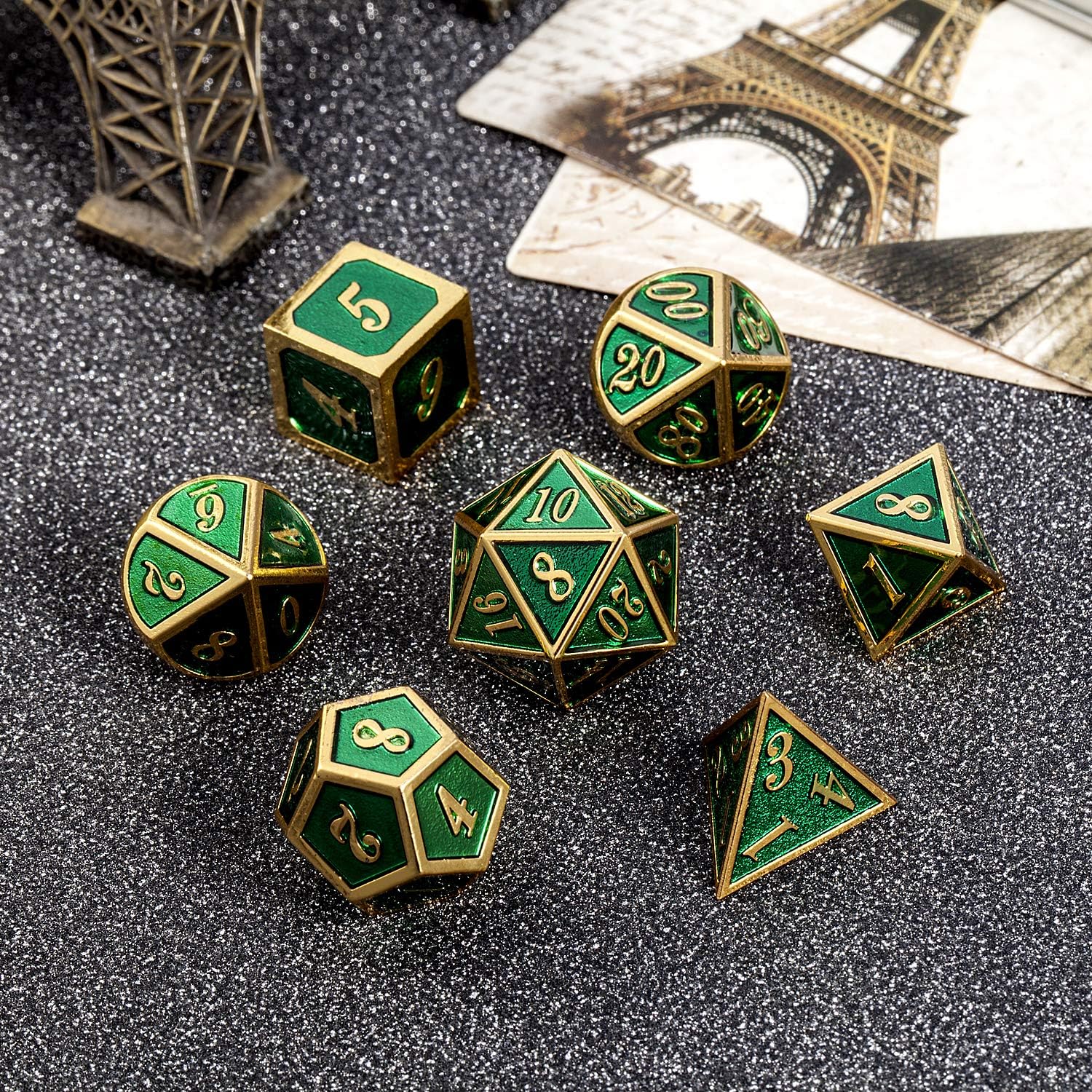 DNDND – Juego de dados de metal para D&D, 7dados DND verdes con caja de metal para juegos de rol como Dungeons and Dragons y juegos de mesa (números