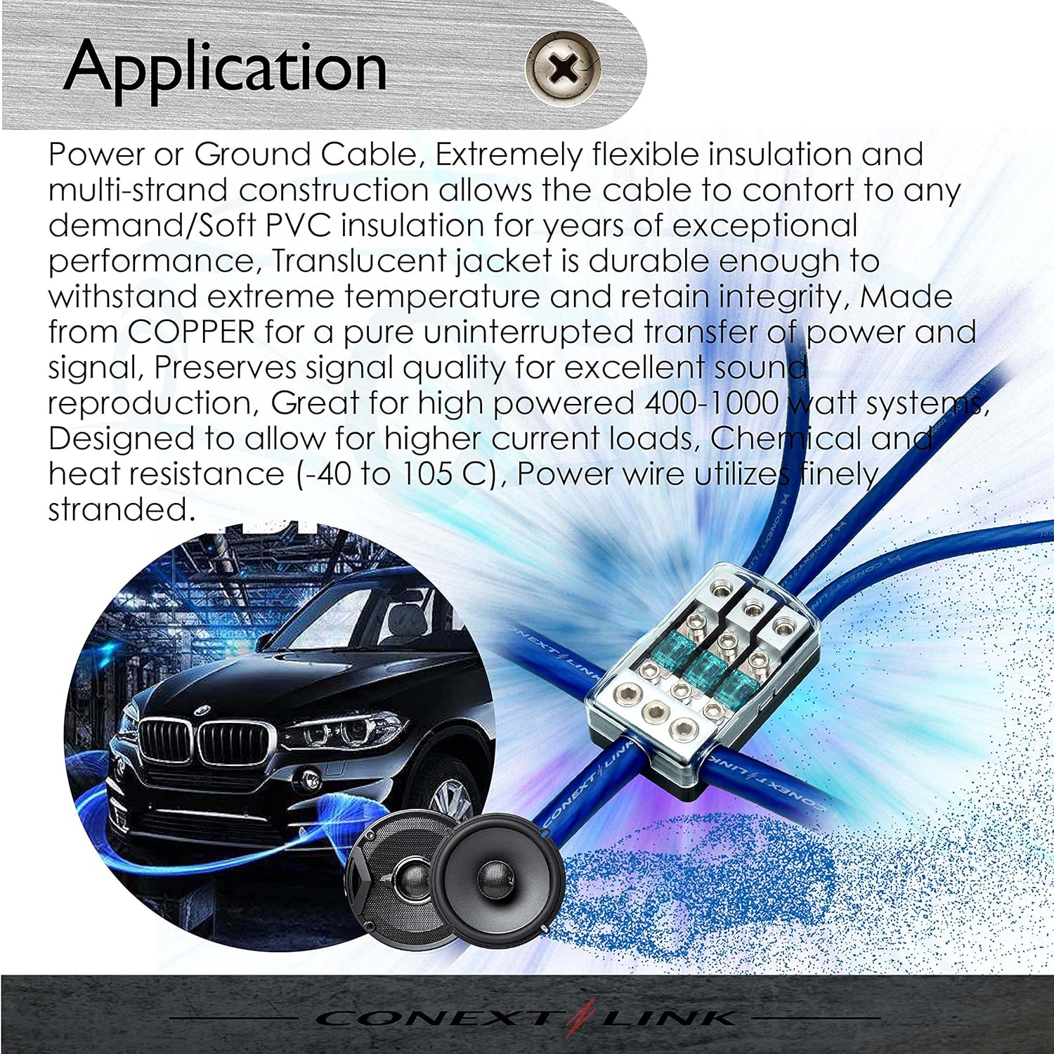 Conext Link Cable de alimentación de batería de calibre completo de 15 pies 10 AWG 0 GA, cable de tierra de cobre OFC plateado transparente (10042)