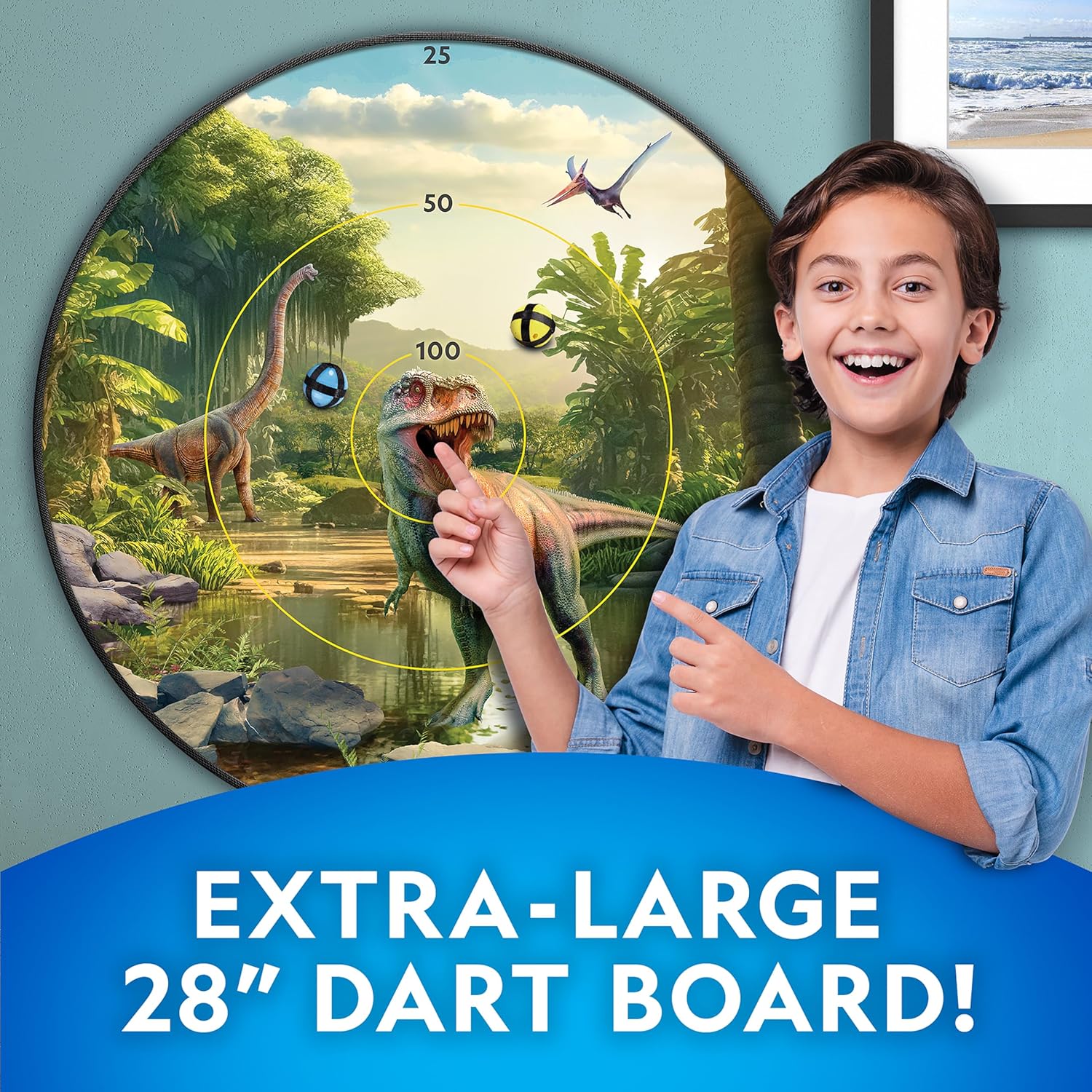 NATIONAL GEOGRAPHIC Tablero de dardos que brilla en la oscuridad para niños, juego de dardos con 28 pulgadas reversible, brillante y bolas