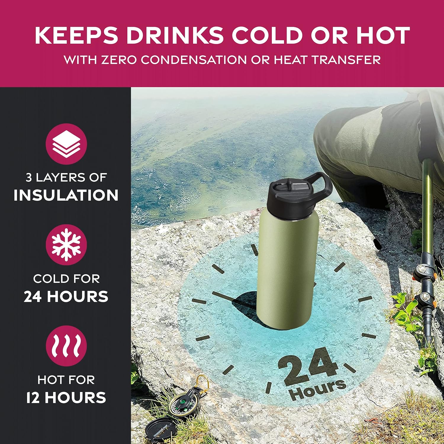 FineDine – Botella de agua de acero inoxidable con tapa de pajilla, tapa abatible, tapa de boca ancha (32 oz), botellas de agua aisladas, mantiene