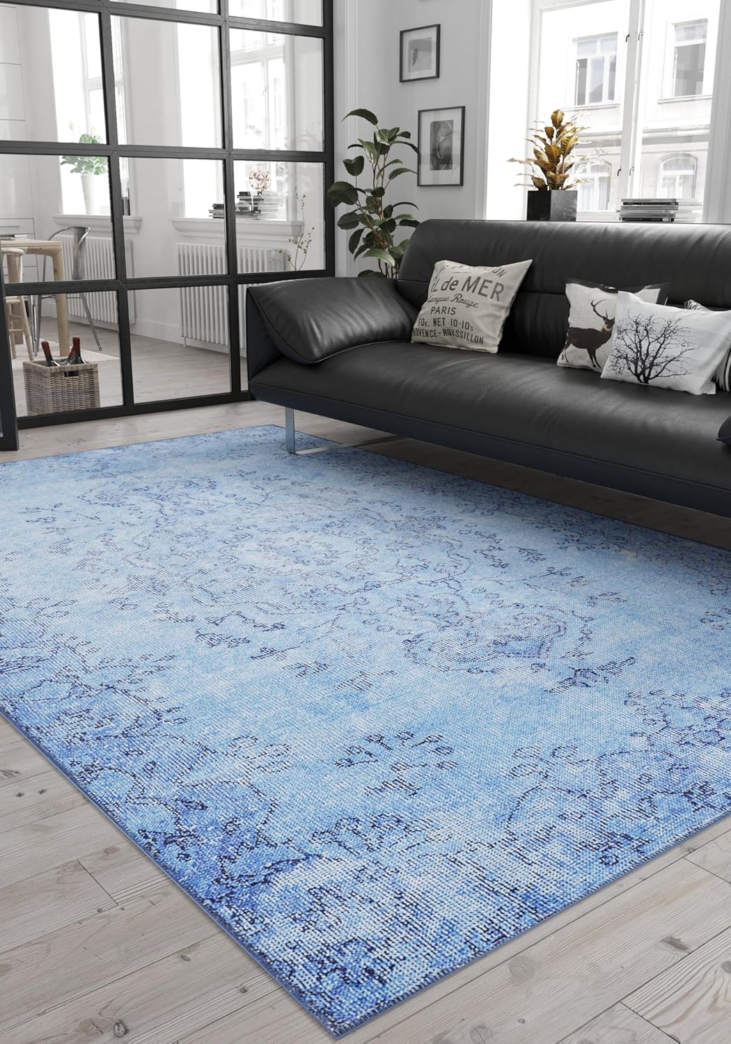 Woolknot ENC1092 – Alfombra vintage azul para sala de estar, alfombra floral, turquesa, pequeña, lavable, bohemio, alfombra estampada envejecida con