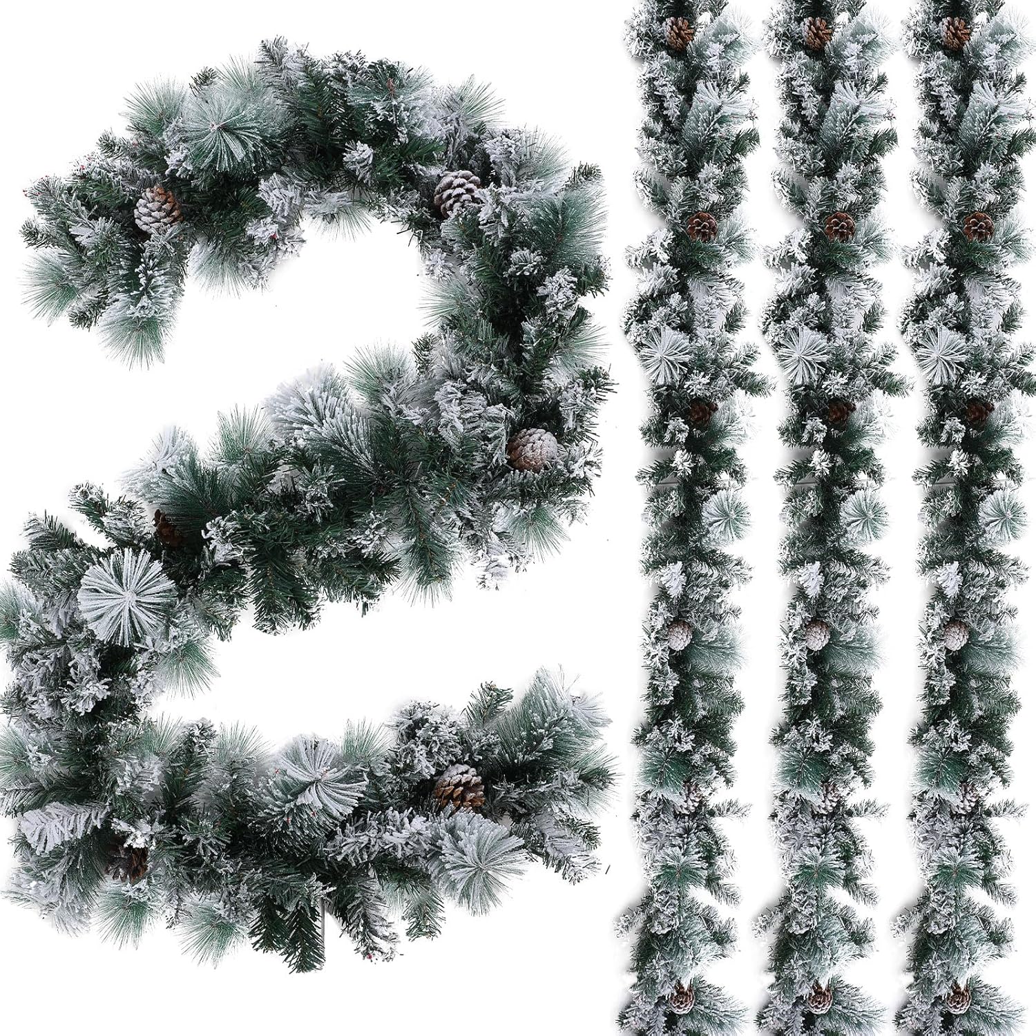 Chuangdi 3 guirnaldas de Navidad flocadas de nieve, guirnalda de cedro de Navidad nevada de 18 pies, guirnalda de pino blanco esmerilado de