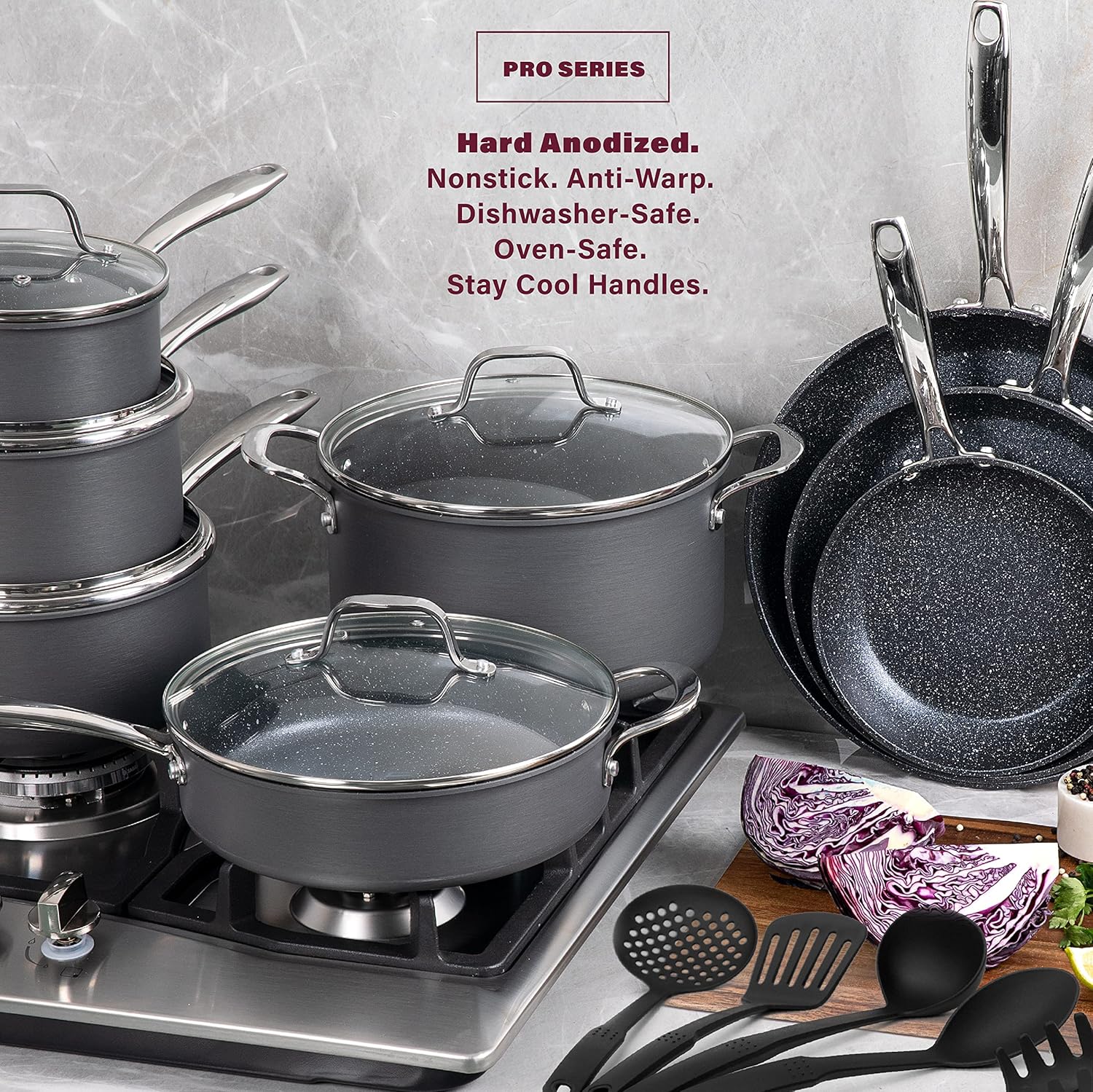 Granitestone Pro – Juego de ollas y sartenes de 8 piezas anodizadas duras de primera calidad  + juego de utensilios de cocina de 5 piezas  con