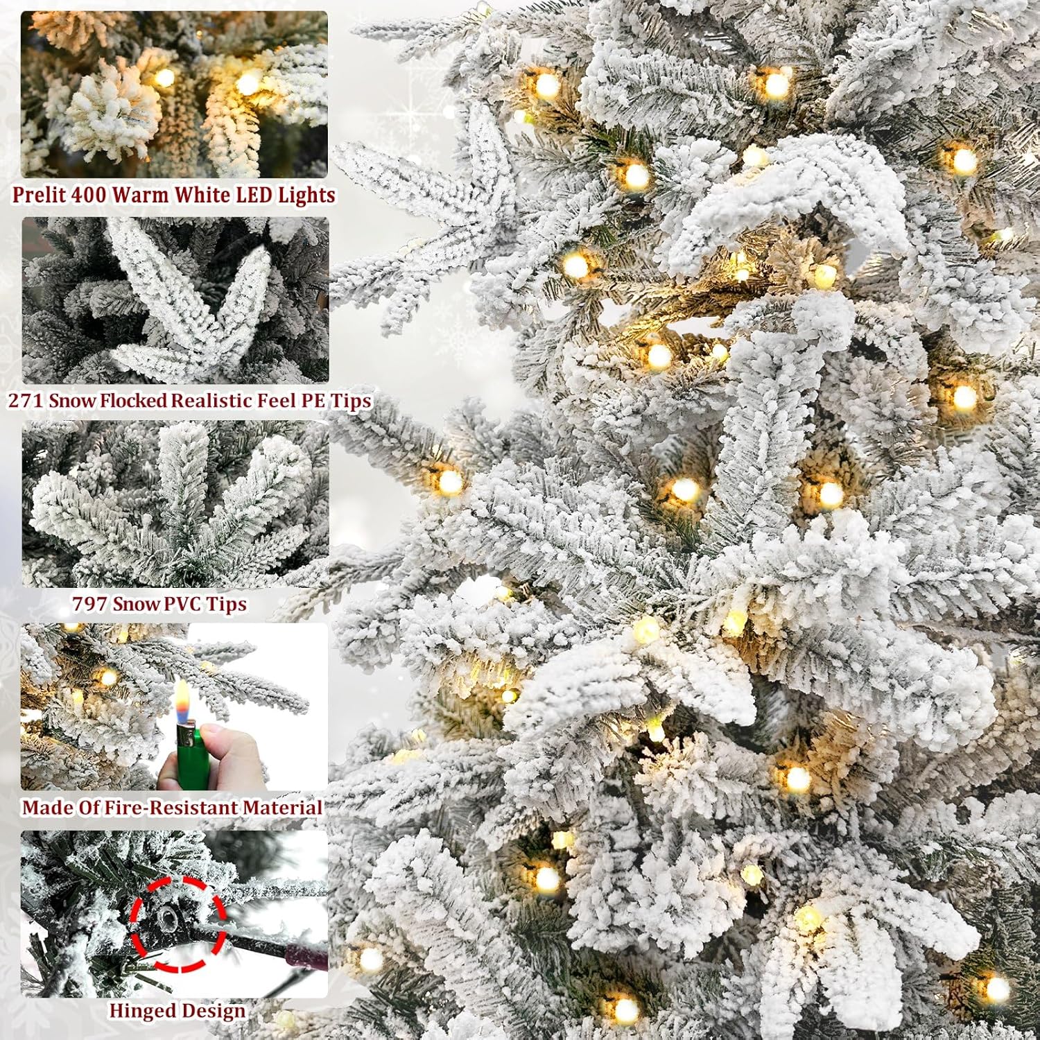 Tacto muy grueso y realista Árbol de Navidad artificial preiluminado de 6.5 pies con 400 luces blancas cálidas, 1111 puntas de ramas de polietileno