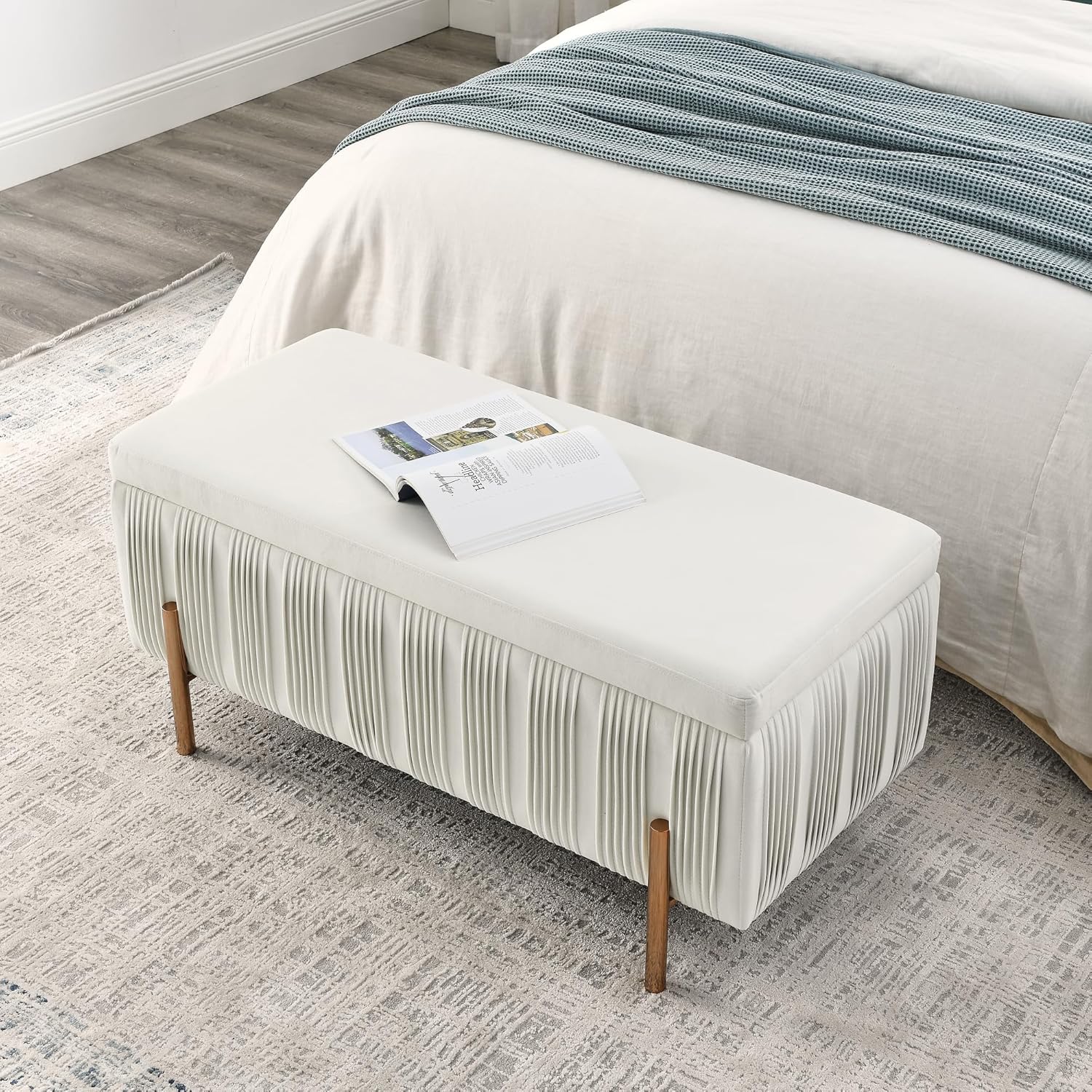 Banco de almacenamiento tapizado de terciopelo con bisagras de seguridad, otomana de almacenamiento grande para dormitorio, sala de estar, pasillo,