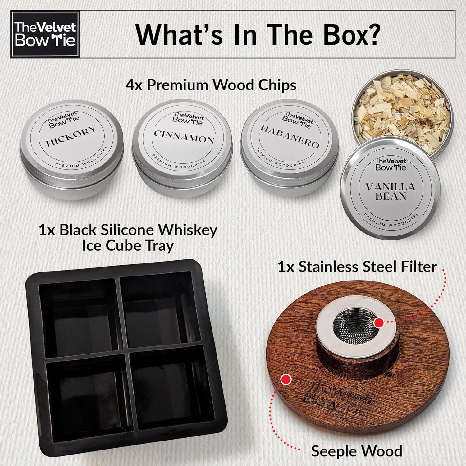 El kit de ahumador de cóctel incluye 4 chips de madera únicos para ahumador (habanero, canela, vainilla y nogal) y bandeja de cubitos de hielo de
