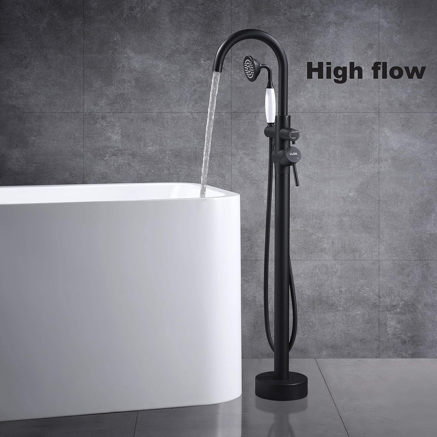 Grifo de bañera independiente Llenador de bañera Negro Alto caudal 11.9GAL Llenadores de grifos montados en el piso con montaje de ducha de mano LLGG