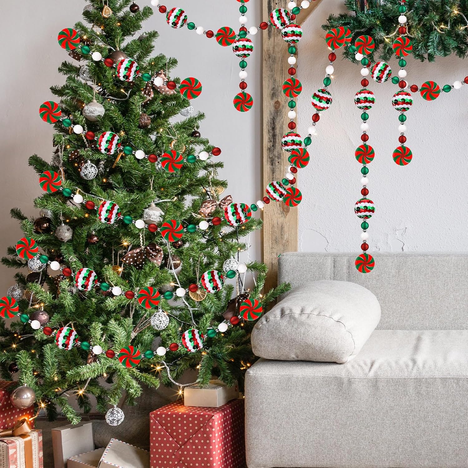 Guirnalda de bastones de caramelo de Navidad de 16 pies, adornos de menta, guirnalda de caramelos, coronas de bolas de Navidad, adornos colgantes