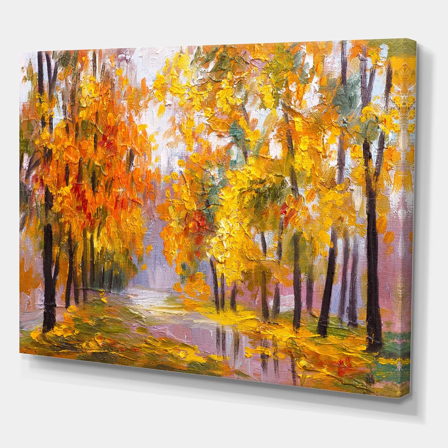 Lienzo decorativo para pared, diseño de bosque lleno de hojas caídas en otoño, casa del lago, color naranja, 32 x 24 pulgadas