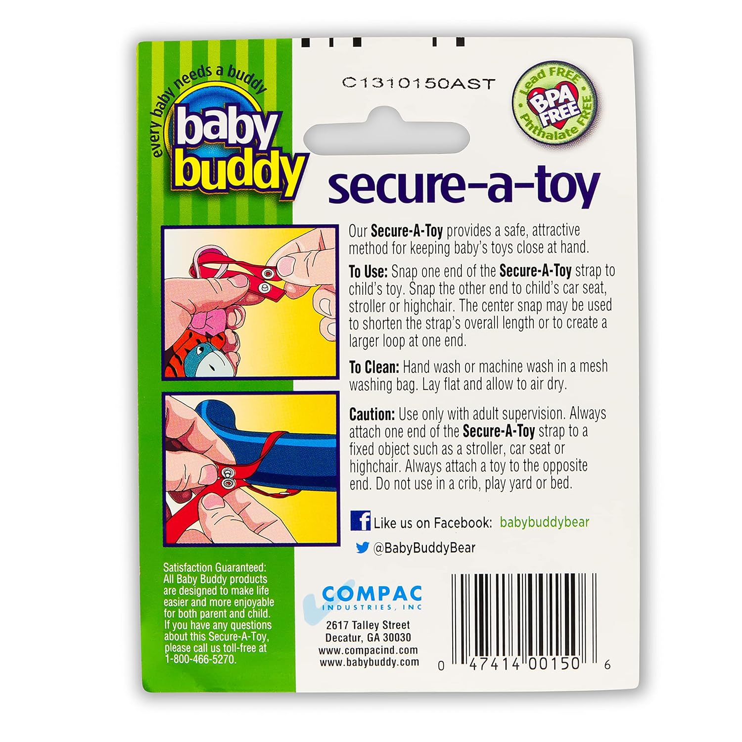 Baby Buddy Secure-A-Toy, la correa de seguridad asegura juguetes, mordedores o chupetes a cochecitos, sillas altas, asientos de automóvil, longitud