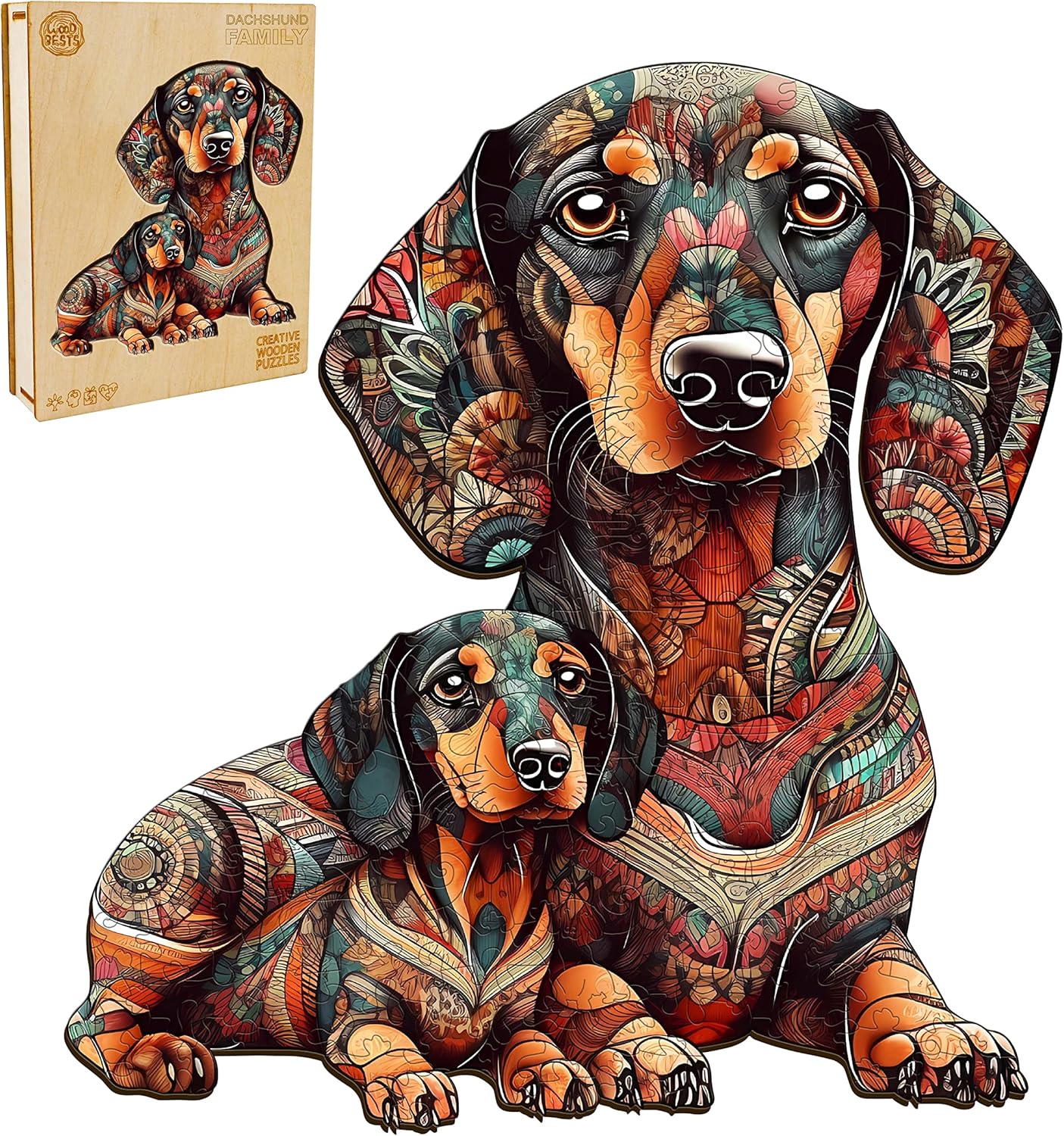 WOODBESTS Rompecabezas de madera para adultos, rompecabezas de perro salchicha (M, 200 piezas, 11.4 x 10.7 pulgadas), hermosa caja de madera,
