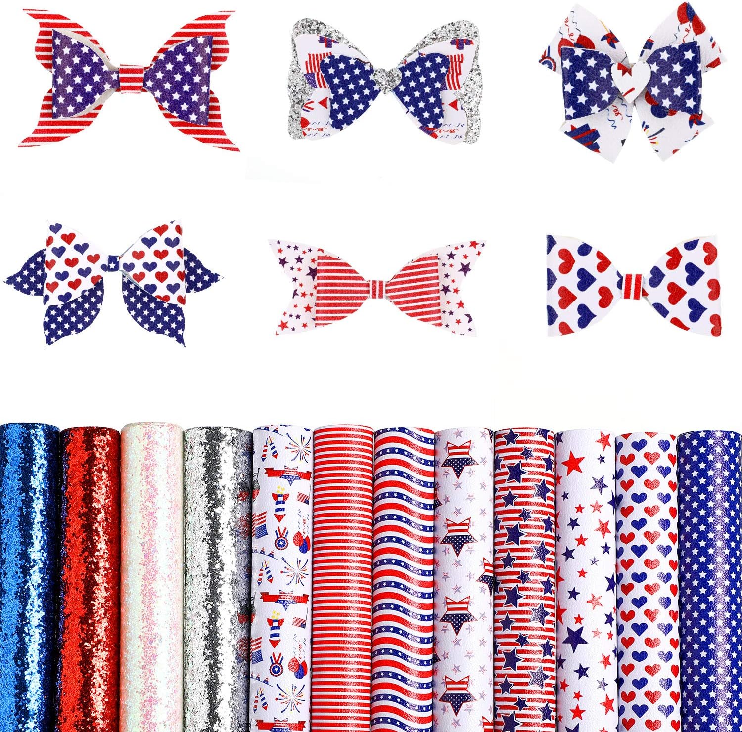 11.8 pulgadas x 7.9 pulgadas de largo, 12 piezas de hojas de cuero sintético con diseño de bandera estadounidense y lentejuelas con purpurina, tela