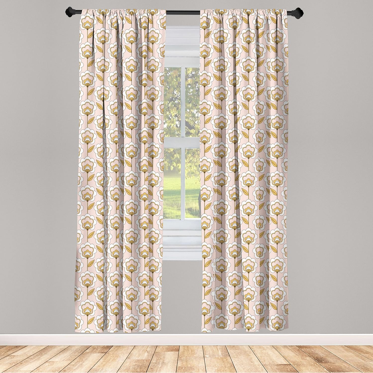Lunarable Cortinas de mediados de siglo, rítmico retro típico de los años 50 y 60, ilustraciones de adornos de flores, tratamientos de ventana,