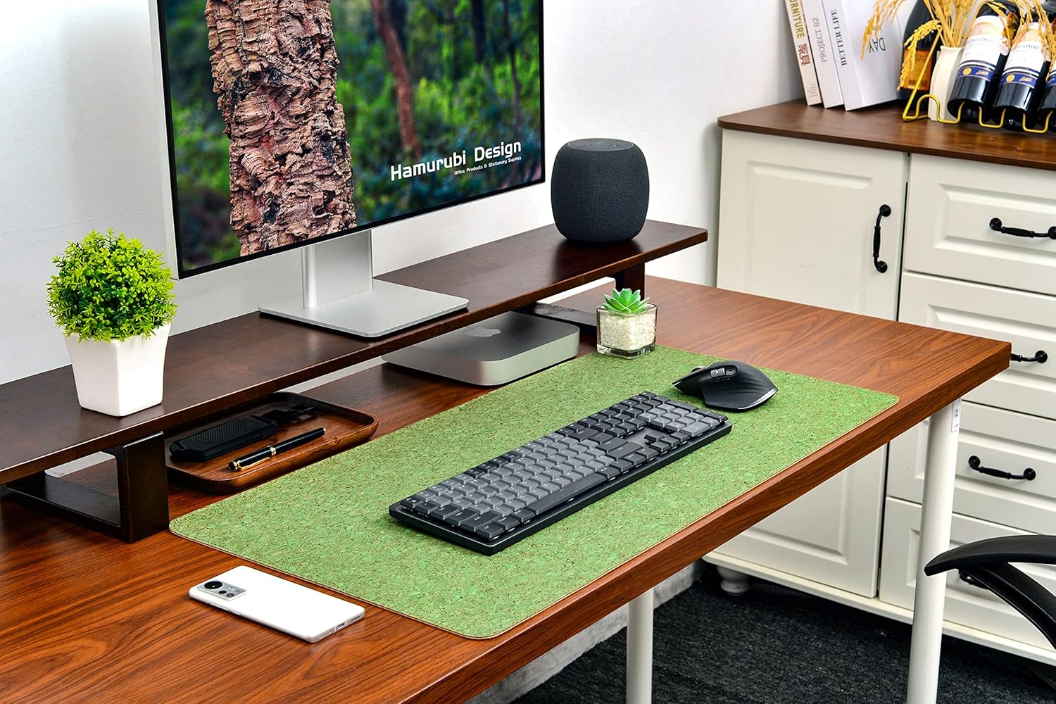 Hamurubi Almohadilla de escritorio de corcho natural y piel sintética, (verde, 35.4 x 17.7), alfombrilla de mouse grande extendida, protector de