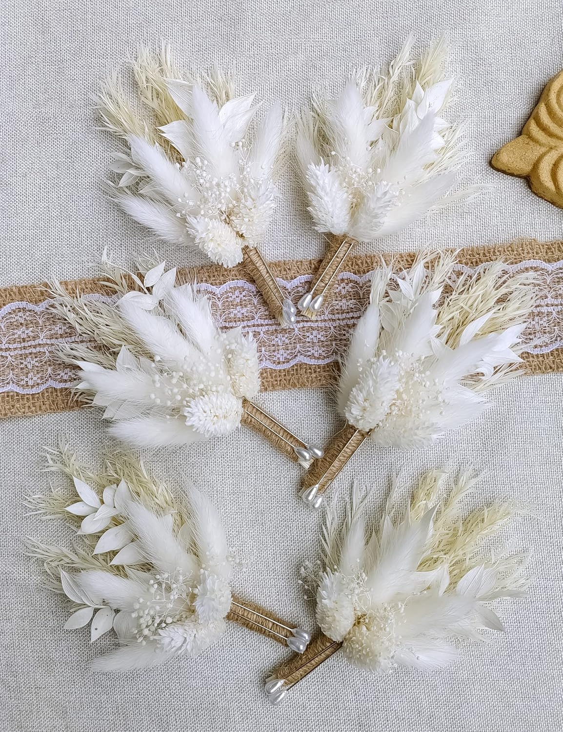 Boutonnieres – Juego de 6 piezas de flores secas para novio, padrino, bohemio, para hombre, rústico, vintage, boda, fiesta, baile de graduación