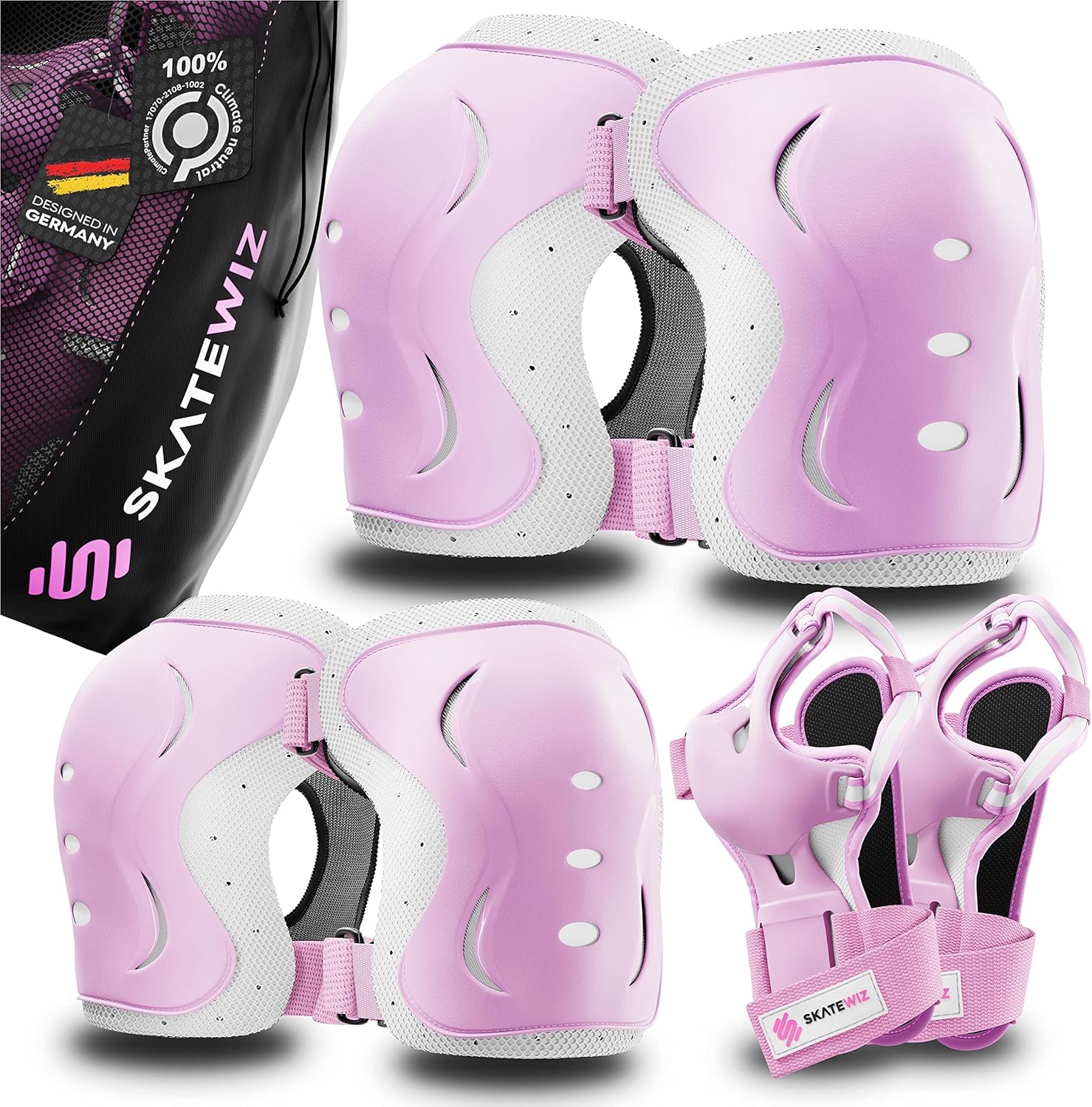 SKATEWIZ Juego de rodilleras y coderas para niños y muñequeras para patinaje sobre ruedas 6 piezas, equipo de protección para adultos y niños,