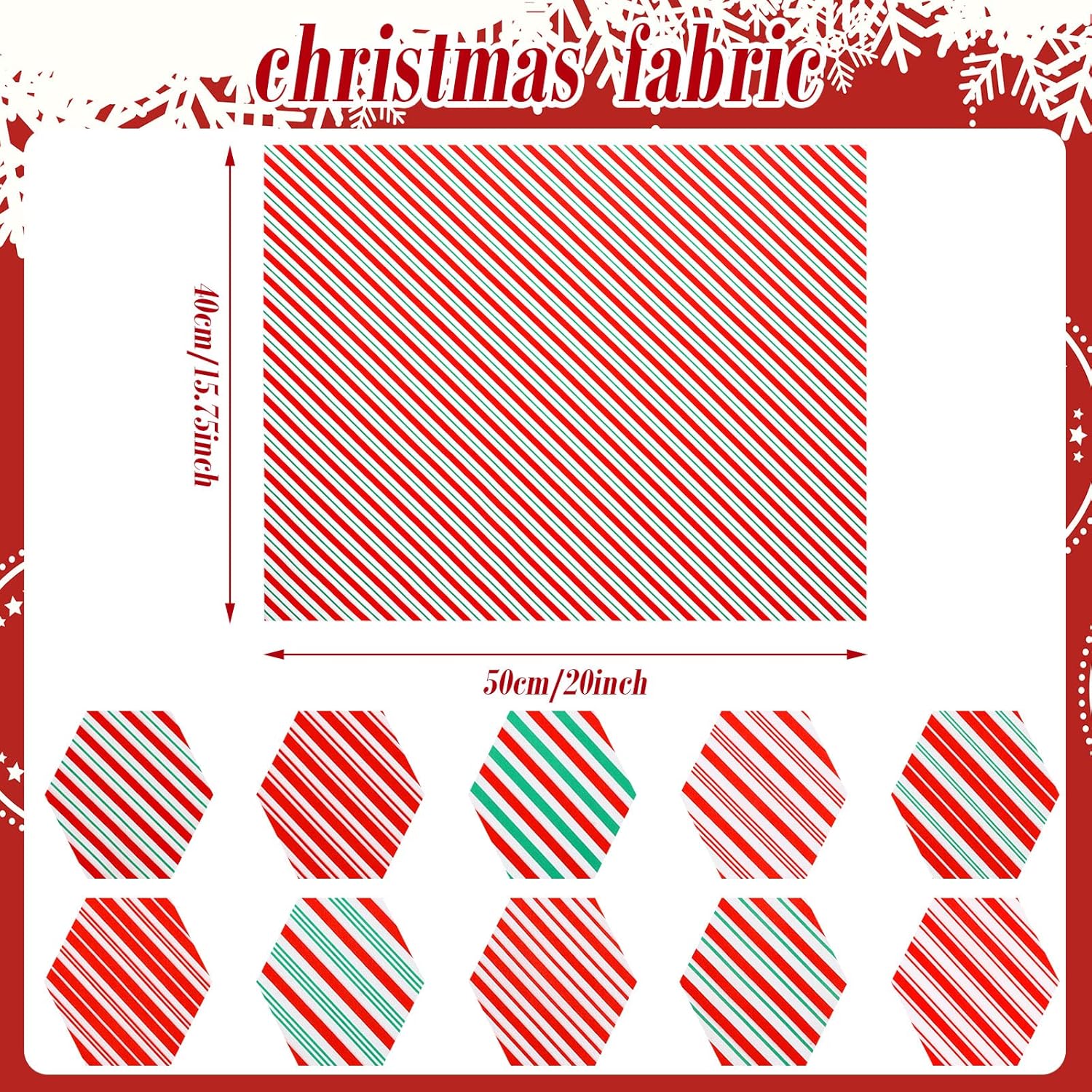 10 paquetes de tela de Navidad para coser, tela de algodón roja y verde, tela de impresión de bastón de caramelo cuadrado para costura de retazos,
