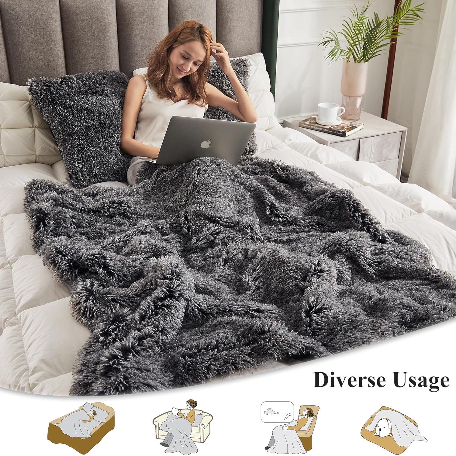 XeGe Juego de 3 piezas de manta y fundas de almohada de piel sintética mullida de 50 x 60 pulgadas, manta de felpa lanuda de forro polar de 20 x 20