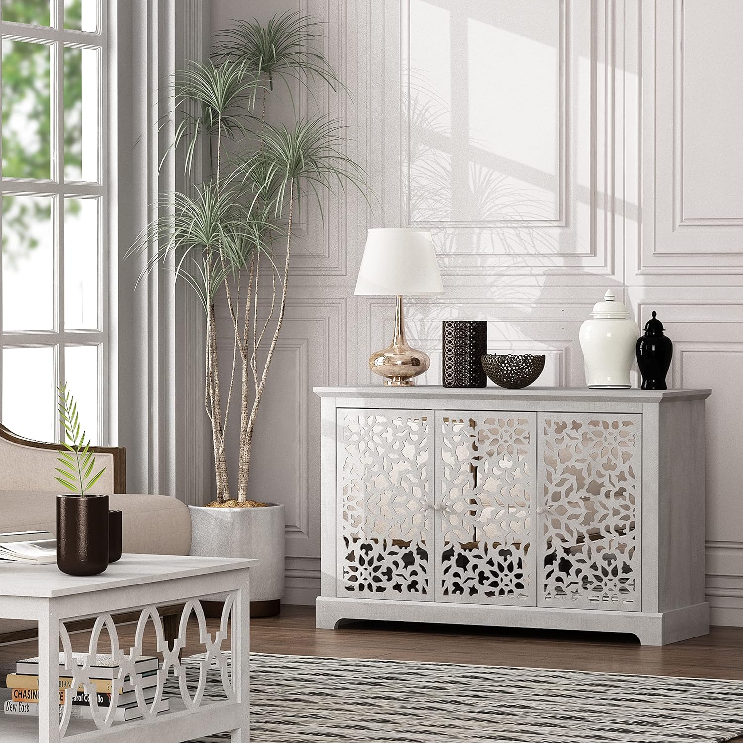 Galano Culbin Armario de almacenamiento de 3 puertas, muebles decorativos, armario para sala de estar, pasillo, cocina, aparador, mesa de buffet,