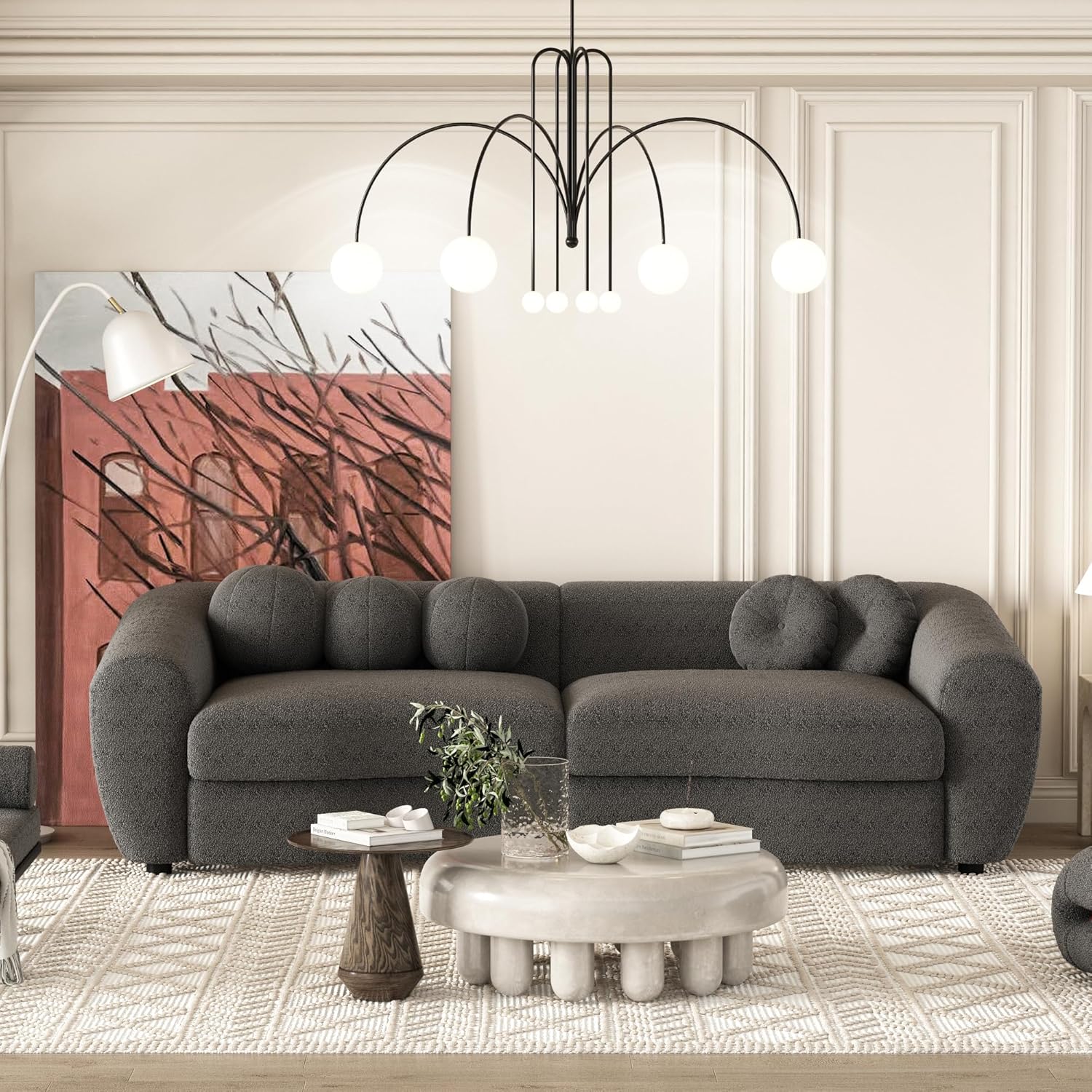 Merax Moderno sofá curvo, sofá tapizado trasero con 5 cojines decorativos, gris oscuro