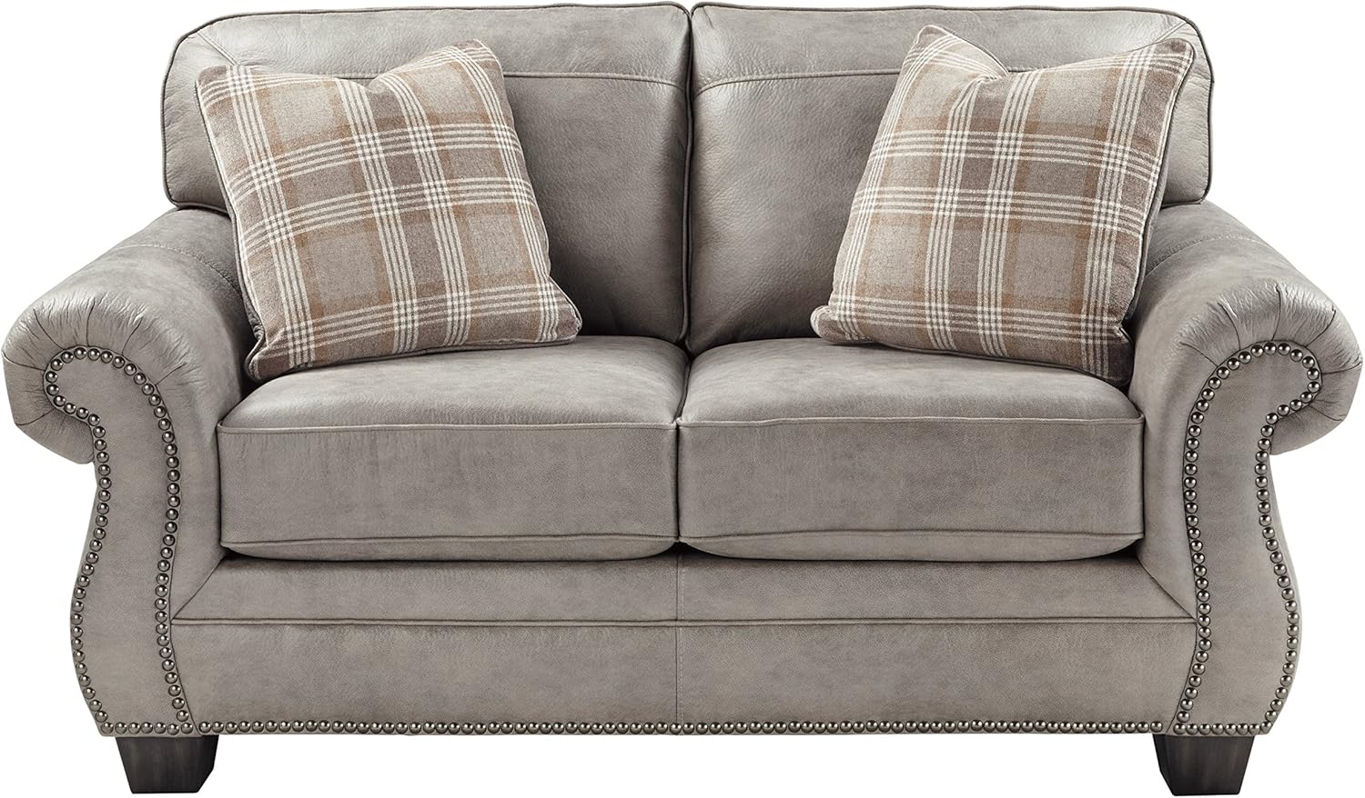 Signature Design by Ashley Olsberg – Sofá biplaza de piel sintética con ribete de clavos y 2 almohadas decorativas, color gris