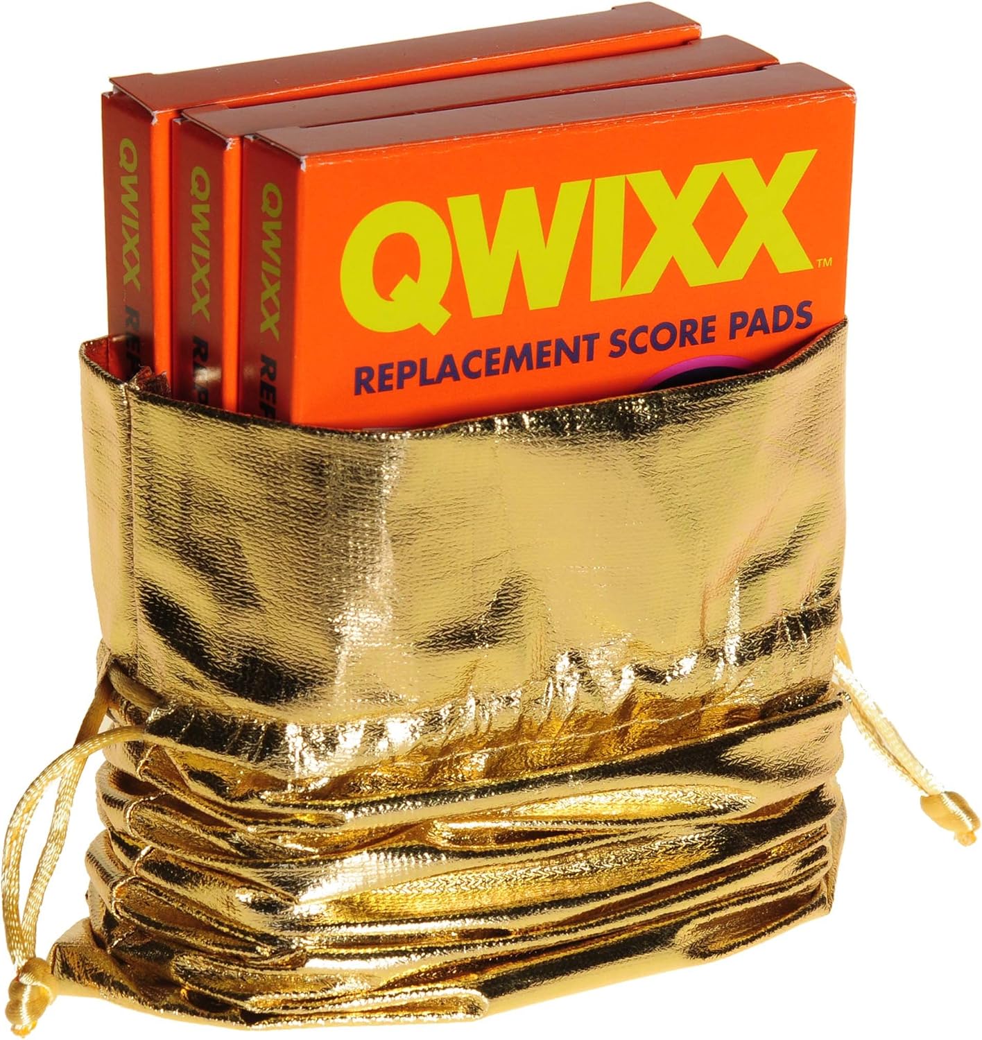 QWIXX 3 paquetes de almohadillas de puntuación de repuesto, 600 hojas de puntaje, bolsa de cordón de tela metálica dorada adicional, artículos