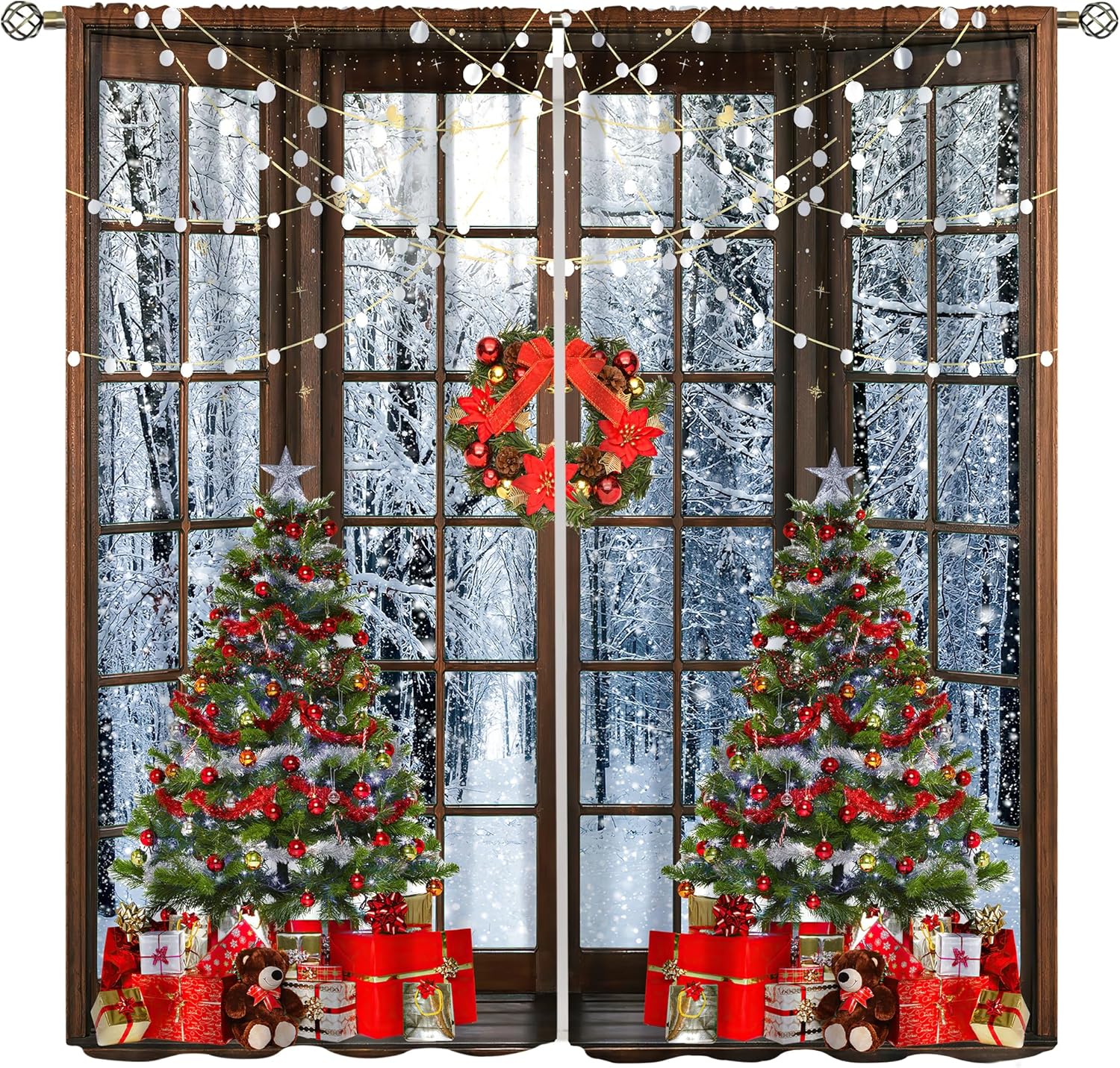 Cortinas de Navidad, regalo de árbol de Navidad de invierno, oso marrón, con purpurina, ventana, estampado de escenas de nieve, decoración del