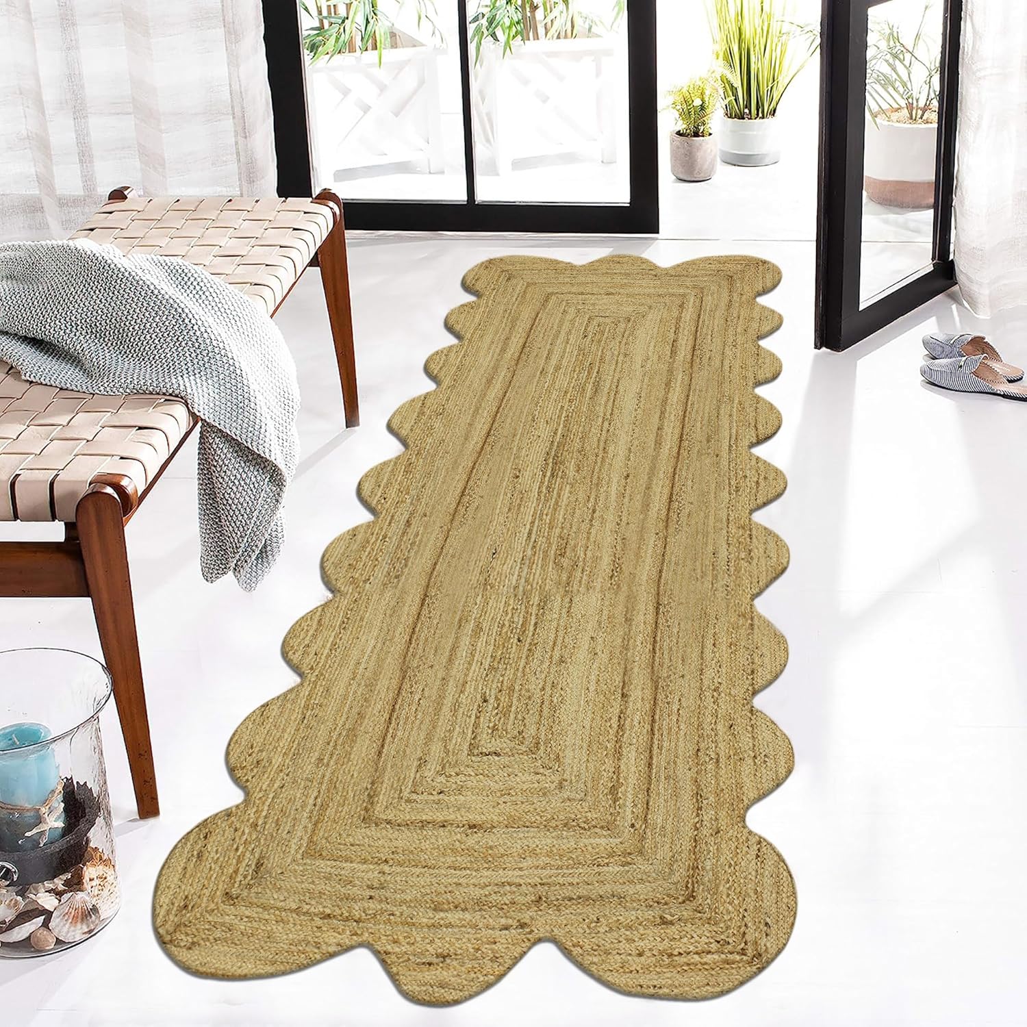 Kilim Runner – Alfombra de pasillo de yute festoneada de 2.6 x 4 pulgadas, patrón sólido, color beige, tejido plano, grueso, 0.27 pulgadas, trenzado