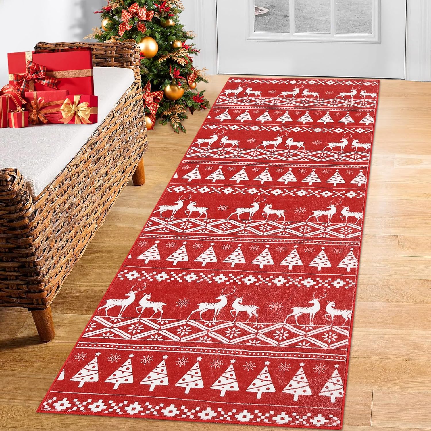 RUGSREAL Alfombra de pasillo de Navidad con árbol de Navidad y ciervos, alfombra decorativa de Navidad, lavable a máquina, alfombra de piso para